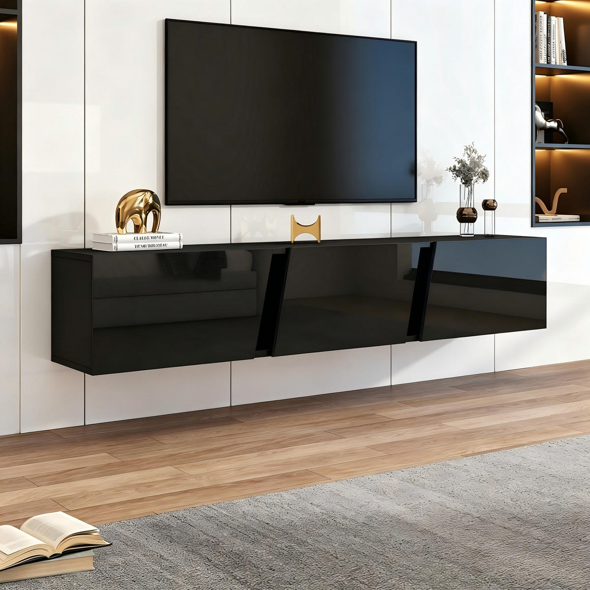 TV-ELEMENT 180/35/30 cm Hängend Hochglanz Schwarz mit LED-Beleuchtung und 3 Türen - Schwarz, Holzwerkstoff (35/30/180cm) - Korfee