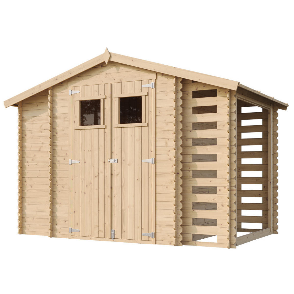 HOLZHAUS GARTENHAUS mit Brennholzschuppen M389+M389G - mit imprägniertem Boden - 3,53 + 0,97 + 0,97 m2 - Beige, Holz (328/218/206cm) - Timbela