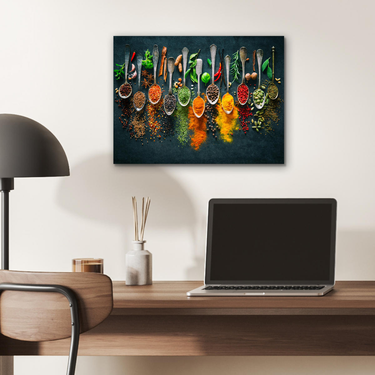 KOVOVÝ OBRAZ Bylinky - korenie - lyžičky 40x30 cm - kari žltá, kov (40/30cm) - MuchoWow