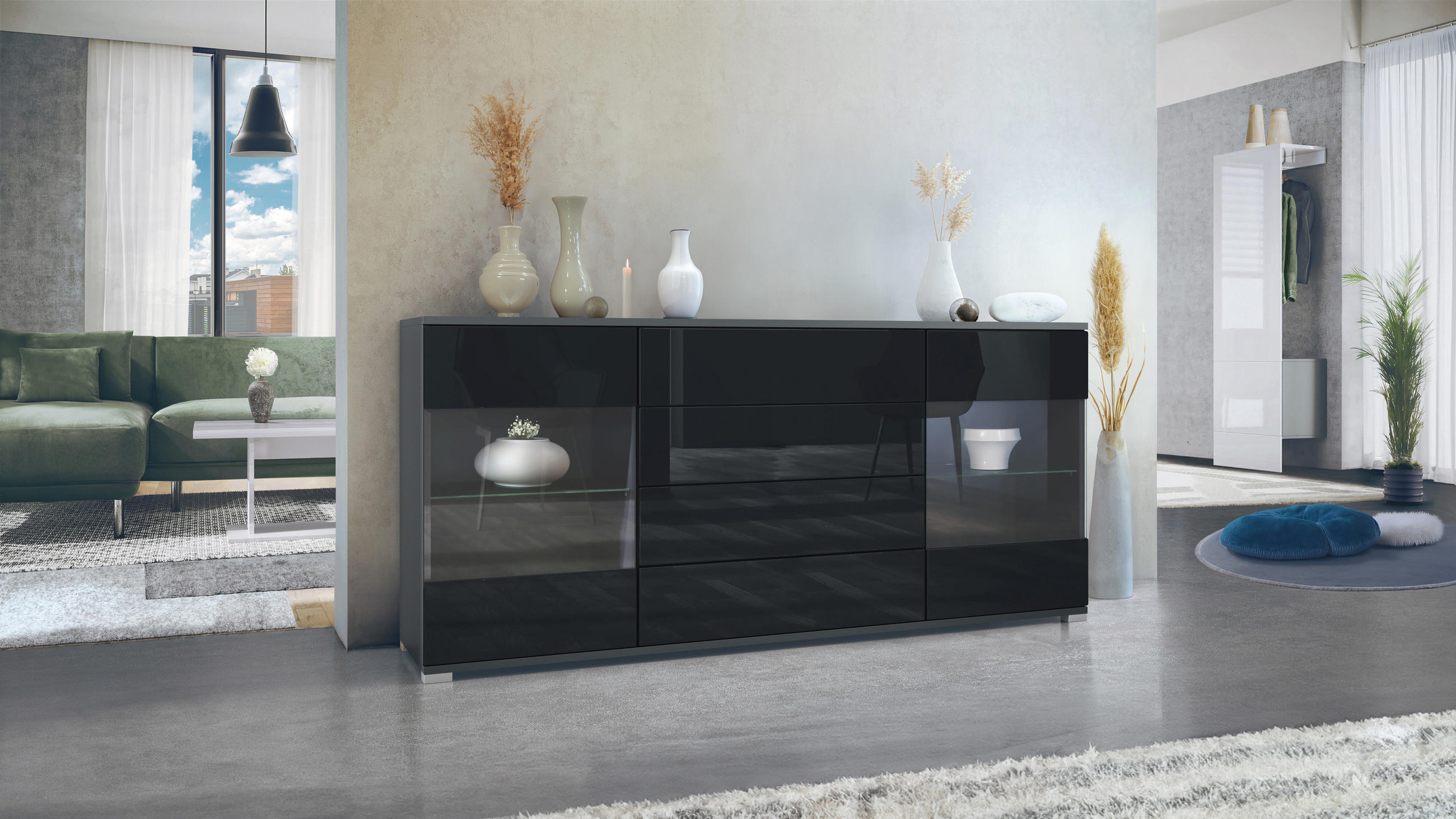 SIDEBOARD Bari Schwarz Hochglanz - Schwarz Hochglanz, Holzwerkstoff (166.5/75.5/35cm) - Vladon