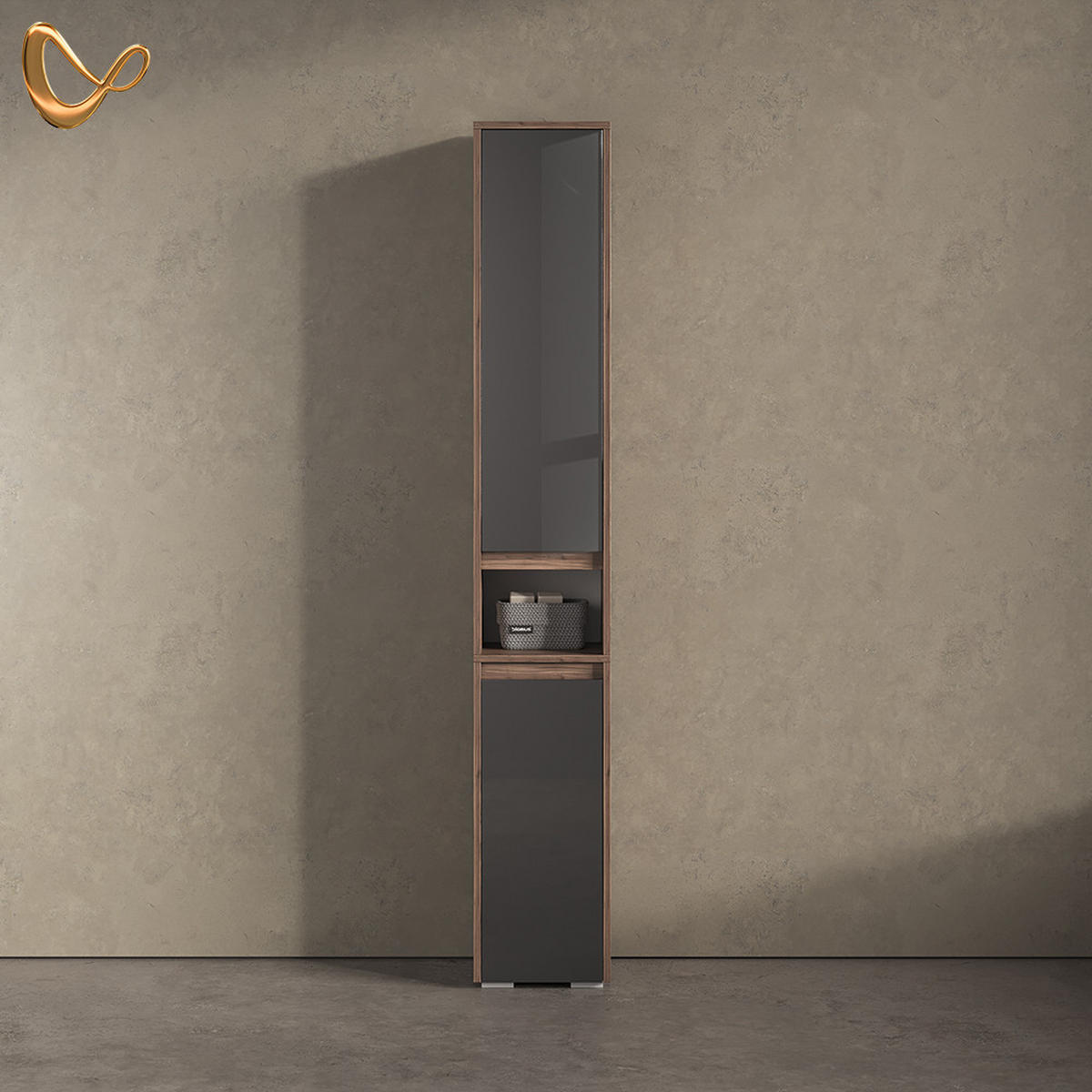 BADSCHRANK Savuto Anthrazit Hochglanz 30.2 x 190 cm - Schwarz Hochglanz/Braun, Holzwerkstoff (30.2/190/30cm) - Livinity®