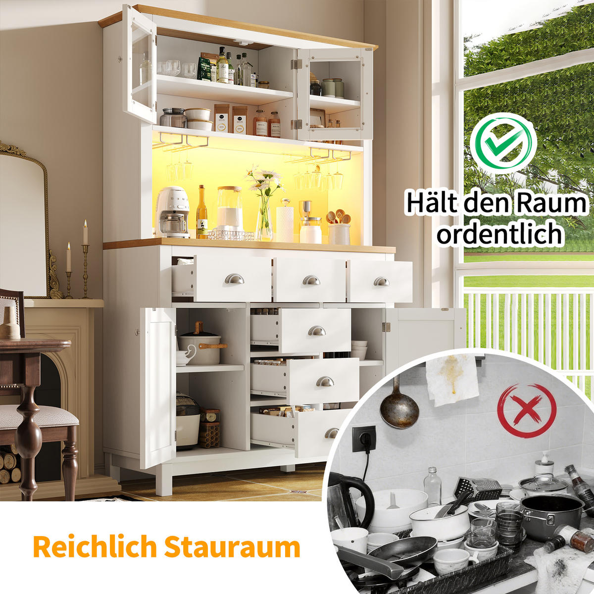 BUFFETSCHRANK 104/40/180 cm Weiß aus MDF mit LED-Lichtleiste - Weiß, Holzwerkstoff (104/180/40cm) - OKWISH