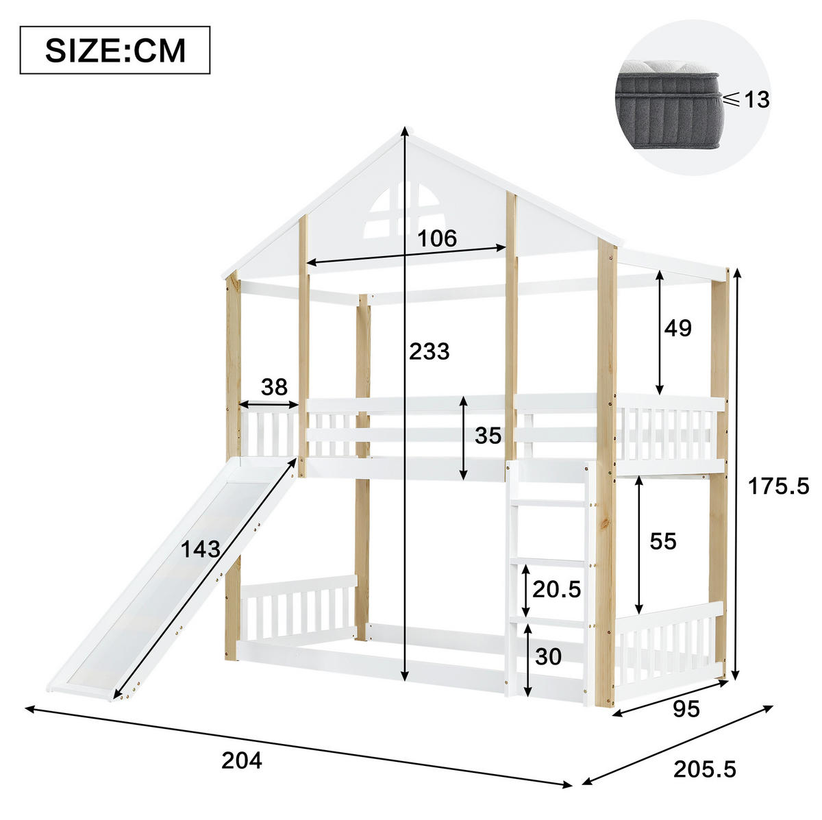 ETAGENBETT 90/200 cm weiß und natur aus Massivholz mit Rutsche und Winkeltreppe - Weiß, Holz (90/200cm) - OKWISH