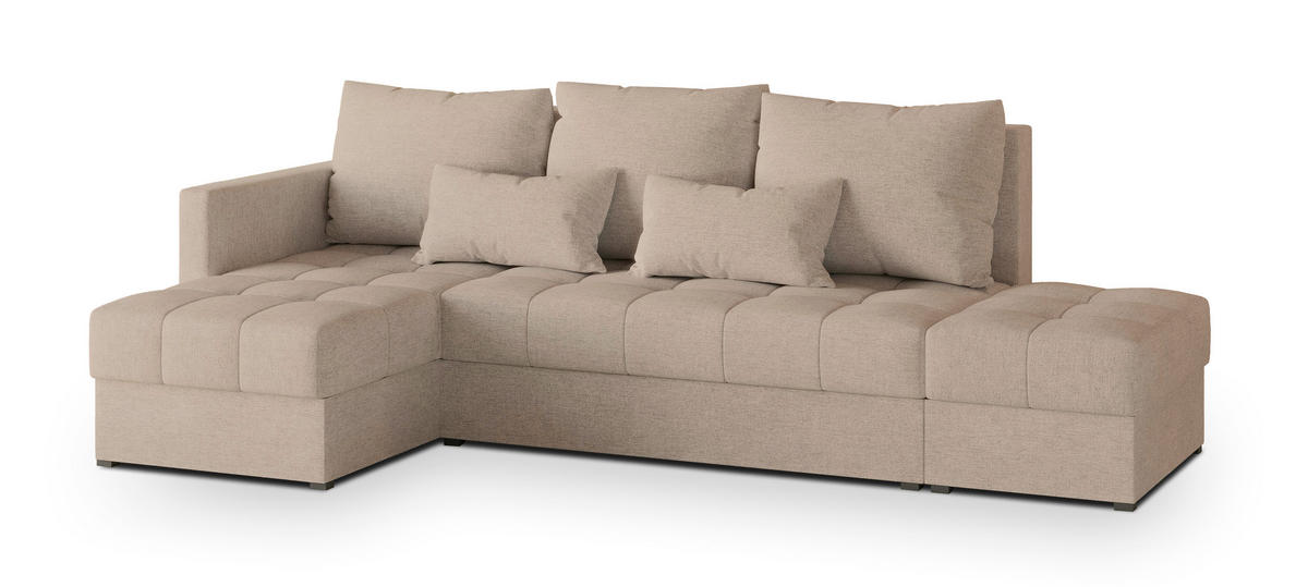 ECKSOFA LUMARI L-S Beige Plüsch-Stoff mit Schlaffunktion - Beige, Holz (262/143cm) - MASSENO