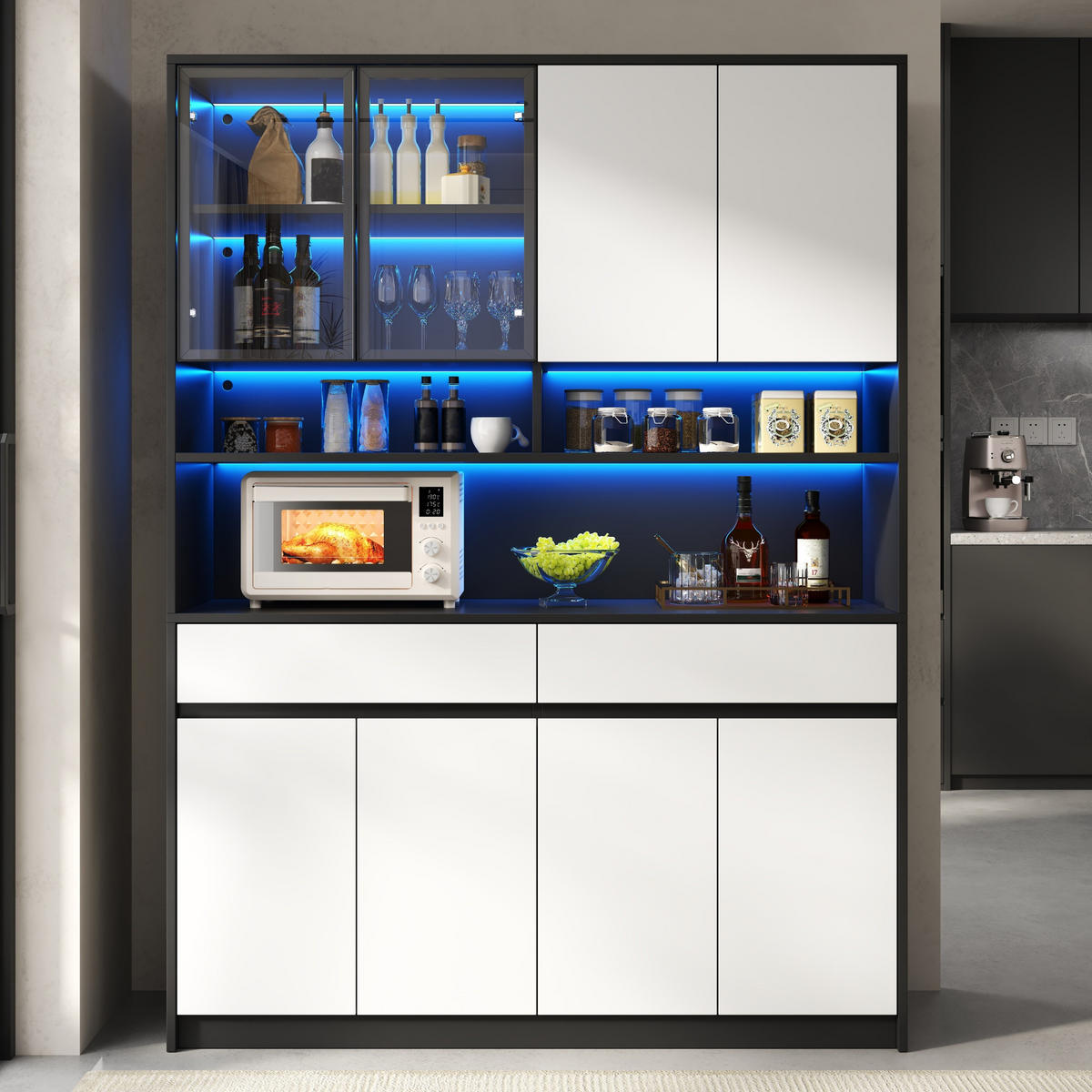 BUFFET Hochschrank mit LED-Glasfach, offenen Ablagen und App-Steuerung - Weiß, Holzwerkstoff (38/160/120cm) - Korfee