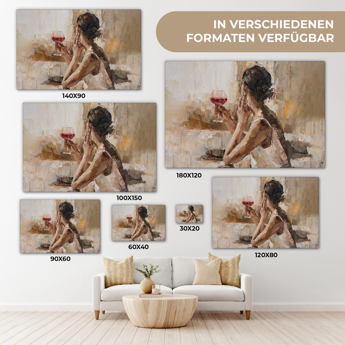LEINWANDBILD Ölgemälde - Frau - Wein Wohnzimmer 120x80 cm - Hellbraun, Textil (120/80cm) - MuchoWow