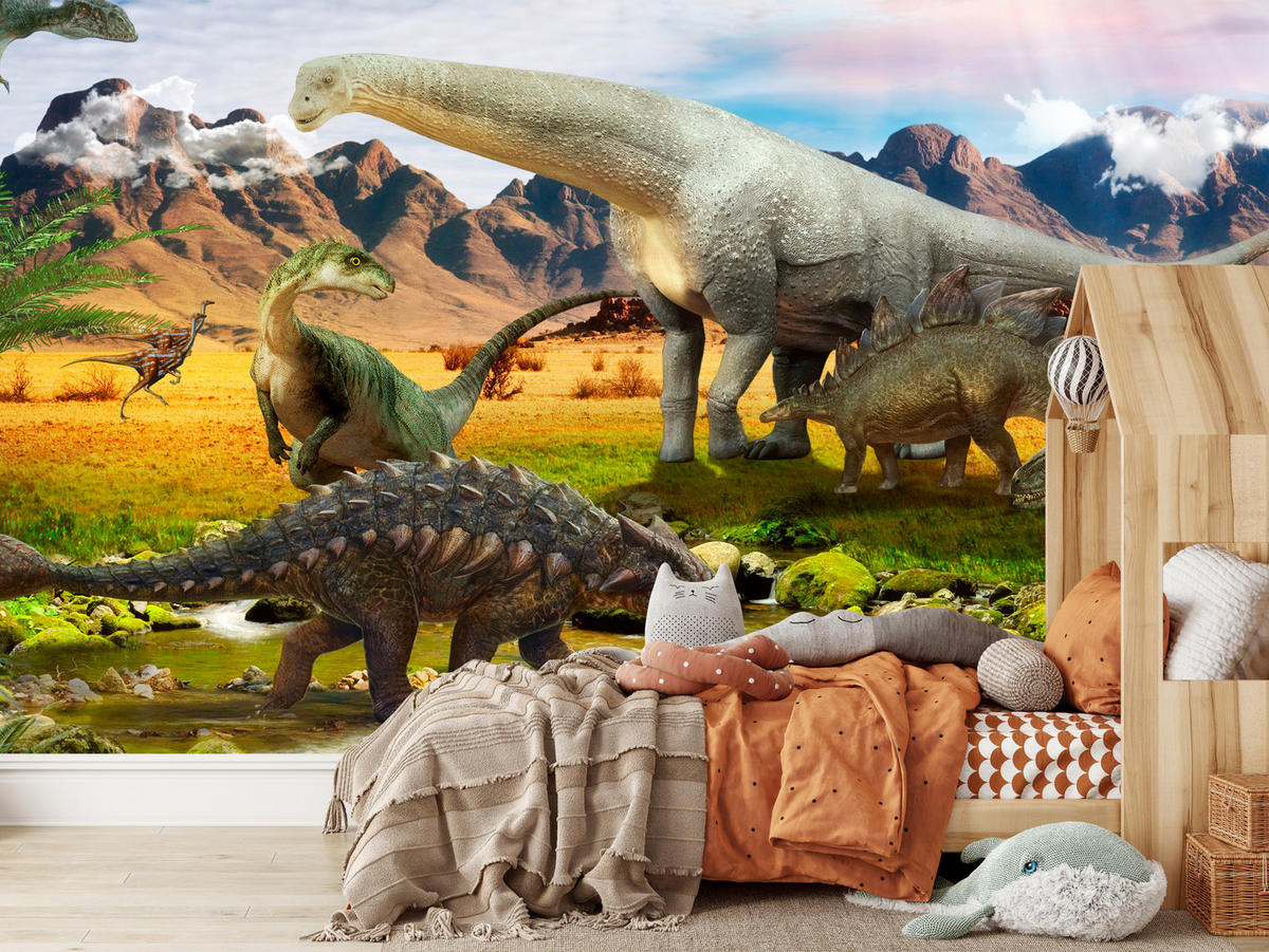 FOTOTAPETE für Kinderzimmer Dinosaurier Berge aus Felsen Bäume 350x256 - Multicolor, Papier (350/256cm) - Muralo