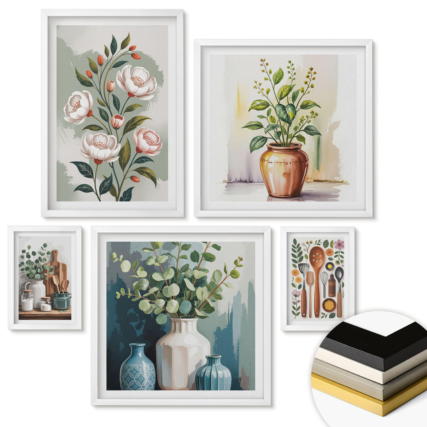 WANDBILDER 5er-Set - 50x50 cm & 20x30 cm & 40x60 cm Weißer Rahmen - Blumen und Früchte in Vasen - Weiß, Kunststoff (40/60cm) - ArtPrintCave