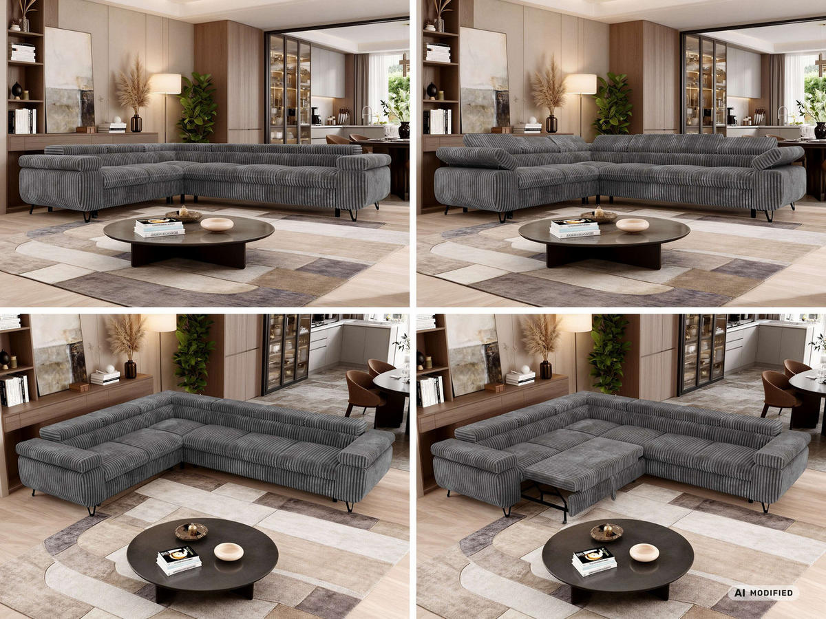 ECKSOFA NORDEN L - Grau Cord - Rechts Seite - Schwarz/Grau, Textil/Metall (329/269cm) - MKS