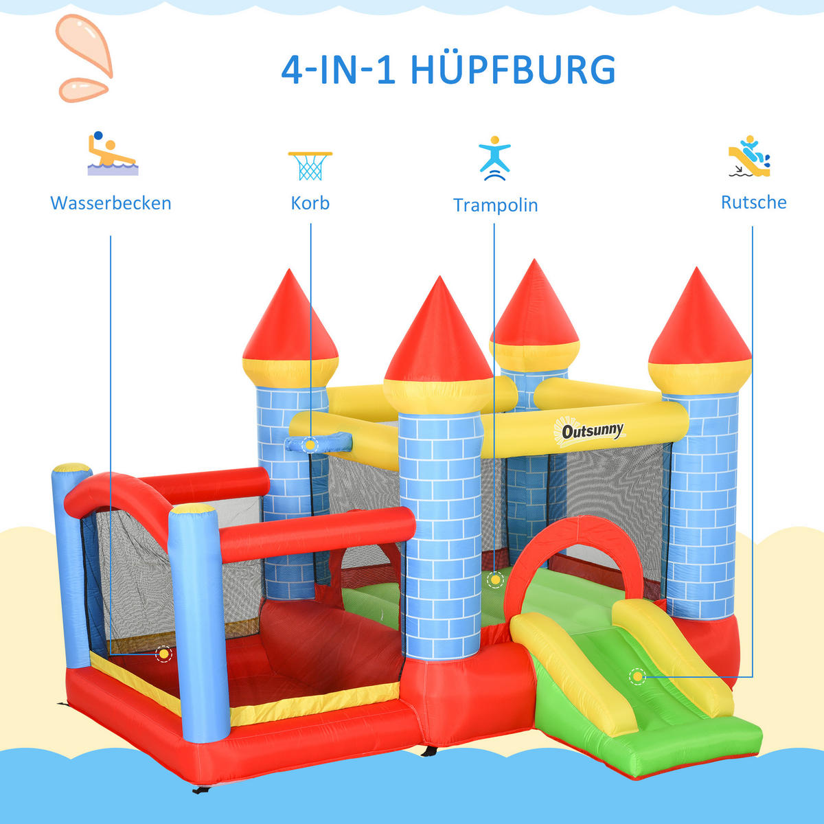 AUFBLASBARE Hüpfburg mit Rutsche Pool für 3 Kinder Burg mit Gebläse - Rot, Kunststoff (280/260/210cm) - Outsunny