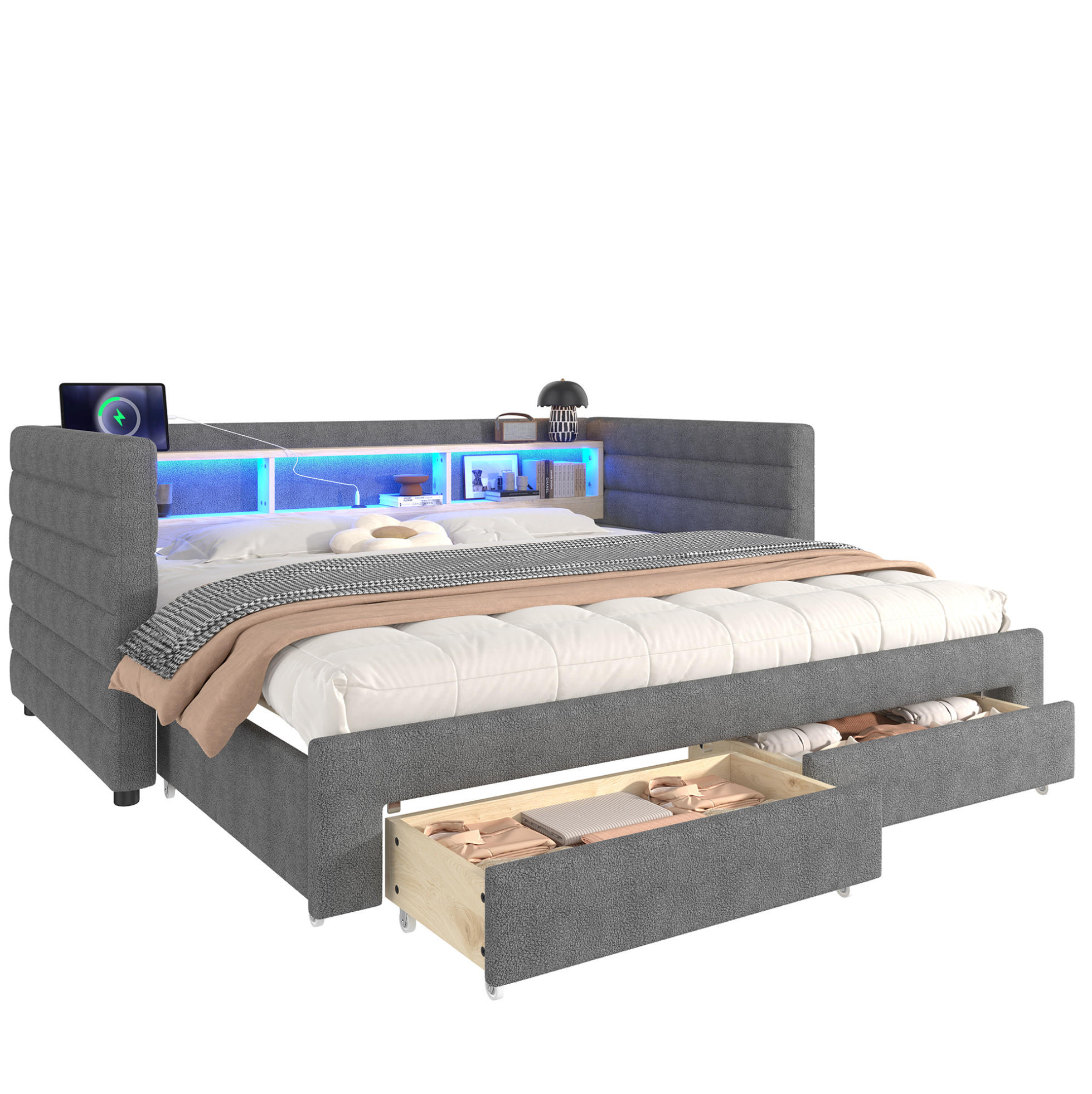 ČALÚNENÁ posteľ 90/190 cm s výsuvnou konštrukciou, LED osvetlením, USB a Typ-C portmi, dvoma zásuvkami, Sivá - sivá, textil (90/190cm) - Redom