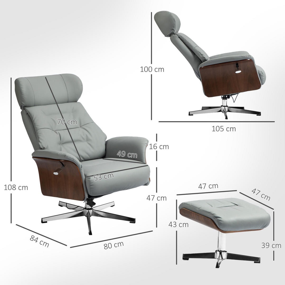 RELAXSESSEL mit Hocker, Fernsehsessel mit Liegefunktion, verstellbare Kopfstütze - Hellgrau, Kunststoff (84/108/80cm) - HOMCOM