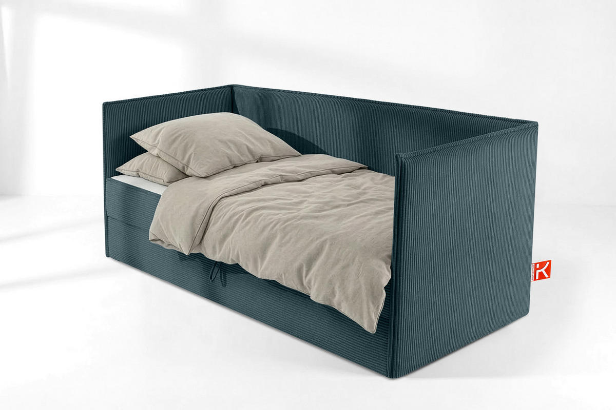 JUGENDBETT ROTI Einzelbett mit Bettkasten, 90x200cm, Bett mit Bonellmatratze, mit Rückenlehne - Blau/Schwarz, Holz/Holzwerkstoff (92/200cm) - KONSIMO®
