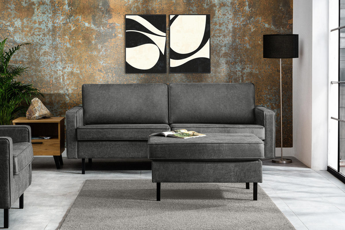 3-SITZER-SOFA INVIA Klassische-Stil mit Armlehnen, Lederoptik-Stoff, dunkelgrau - Dunkelgrau/Schwarz, Textil (209/87/98cm) - KONSIMO®