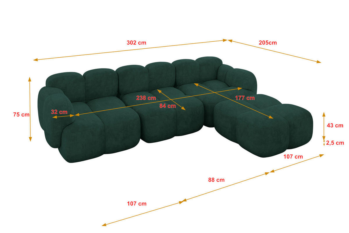ECKSOFA modulares Sofa Rechts Miko-L2 302x205x75 Grün Velours - Schwarz/Grün, Holzwerkstoff/Kunststoff (302/205cm) - ALTDECOR