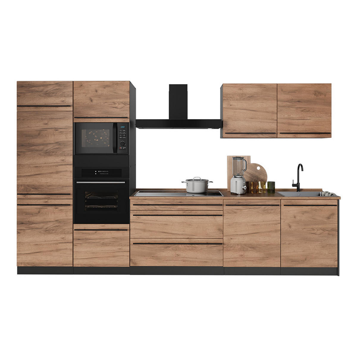 KÜCHENZEILE R-Line, Goldkraft Eiche/Anthrazit, 340 cm Arbeitsplatte Anthrazit - Honigeiche/Anthrazit, Holzwerkstoff (340/206.8/60cm) - Vicco