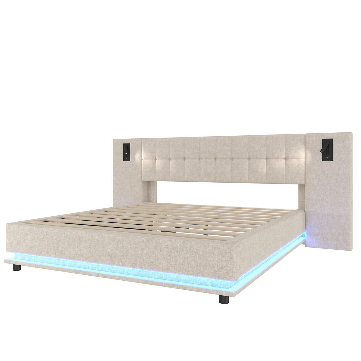 ČALOUNĚNÁ postel 180/200 cm, len, béžová, s LED páskem, USB a lampičkou - béžová, textil (180/200cm) - BEAOK