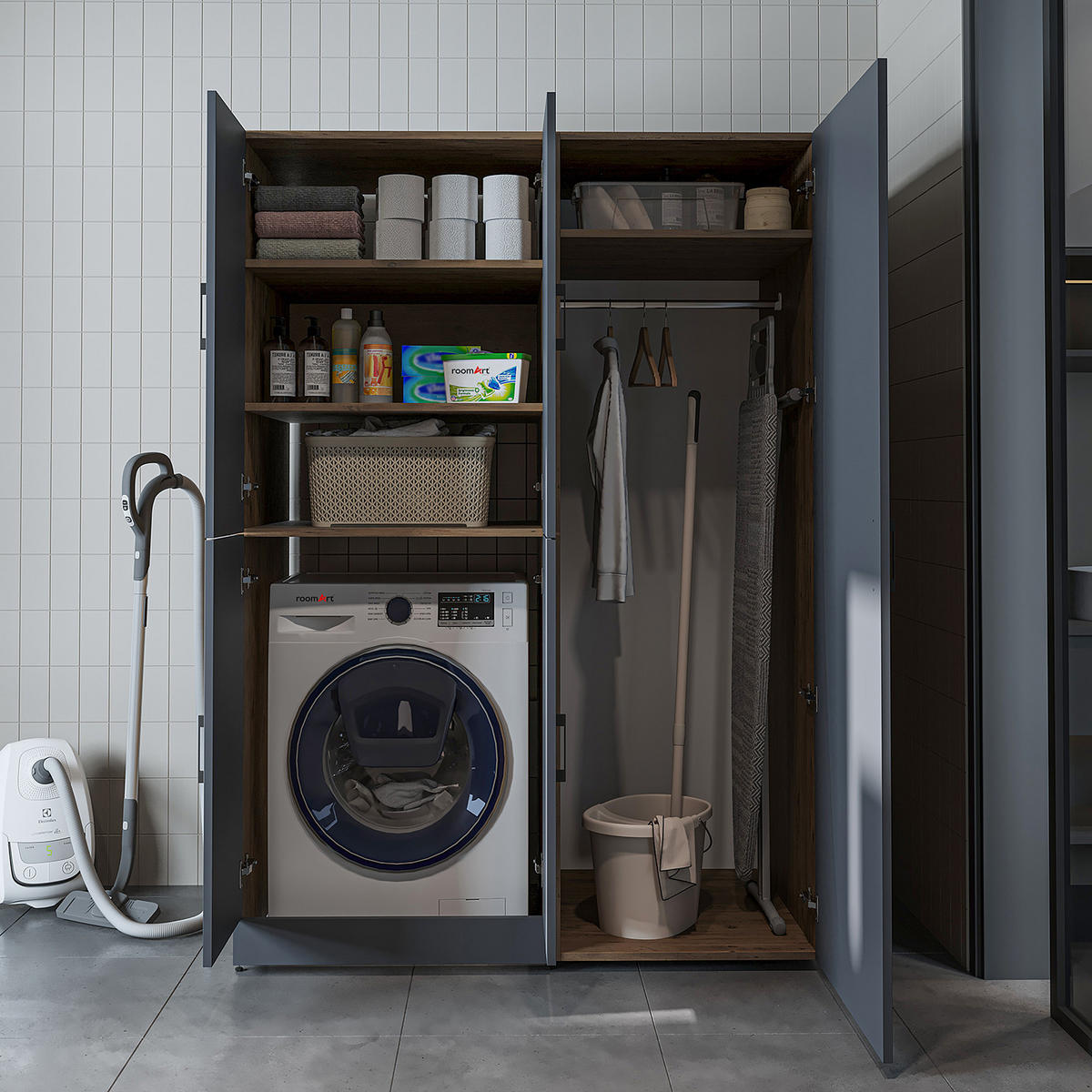 WASCHMASCHINENSCHRANK DORA-II 130cm Breit, 186cm Hoch - Anthrazit, Holzwerkstoff (130/186/73.8cm)