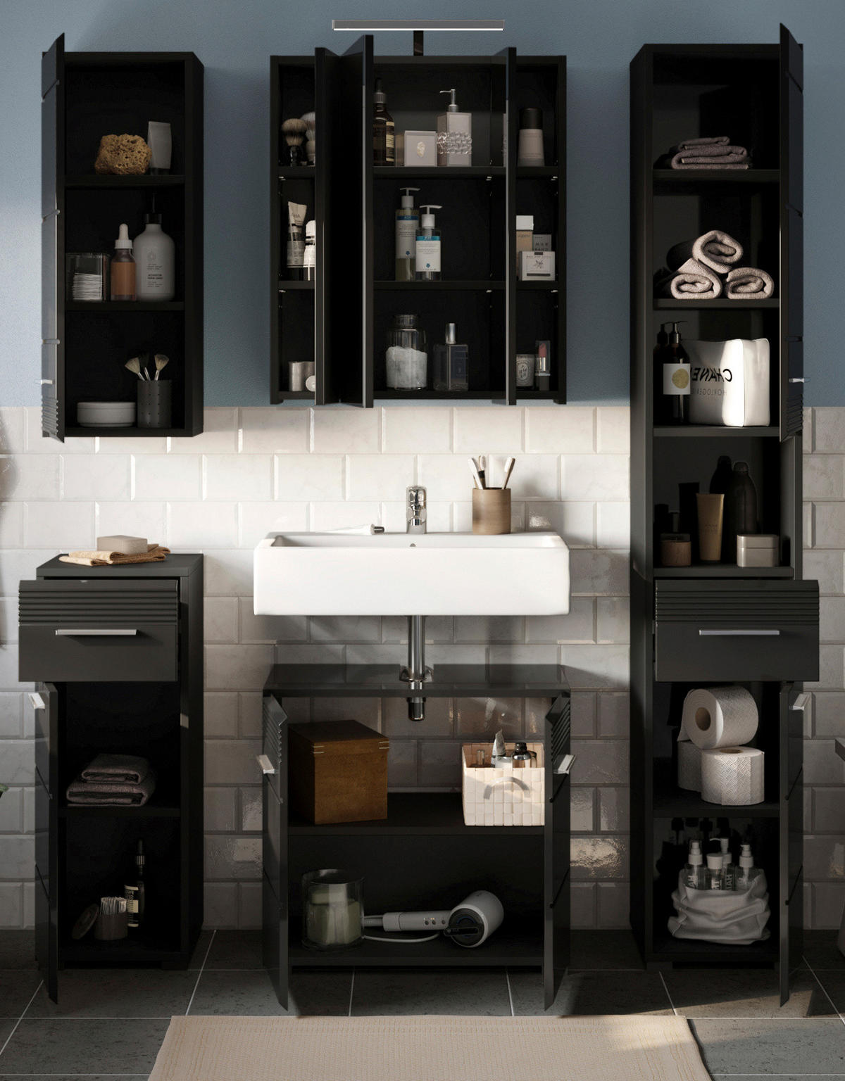 BADMÖBEL-SET in schwarz Hochglanz, 5-teilig 150 cm, Badkombination - Schwarz, Glas/Holzwerkstoff (150/182/34cm) - Inn.Furn