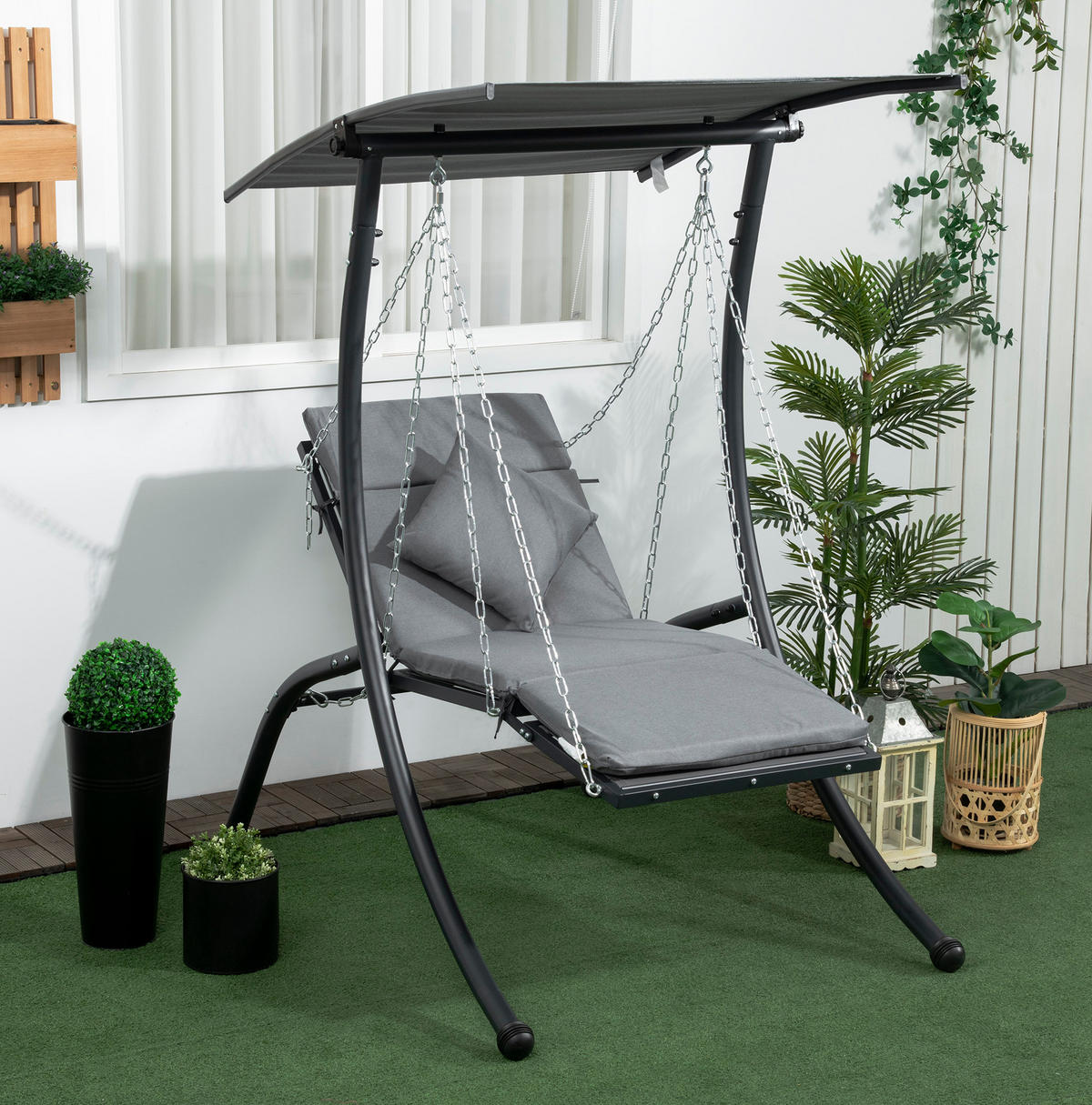 HOLLYWOODSCHAUKEL Gartenschaukel 108/145/169 cm aus Stahl mit verstellbarem Dach und Liegefunktion Dunkelgrau - Dunkelgrau, Metall (145/169/108cm) - Modenvie