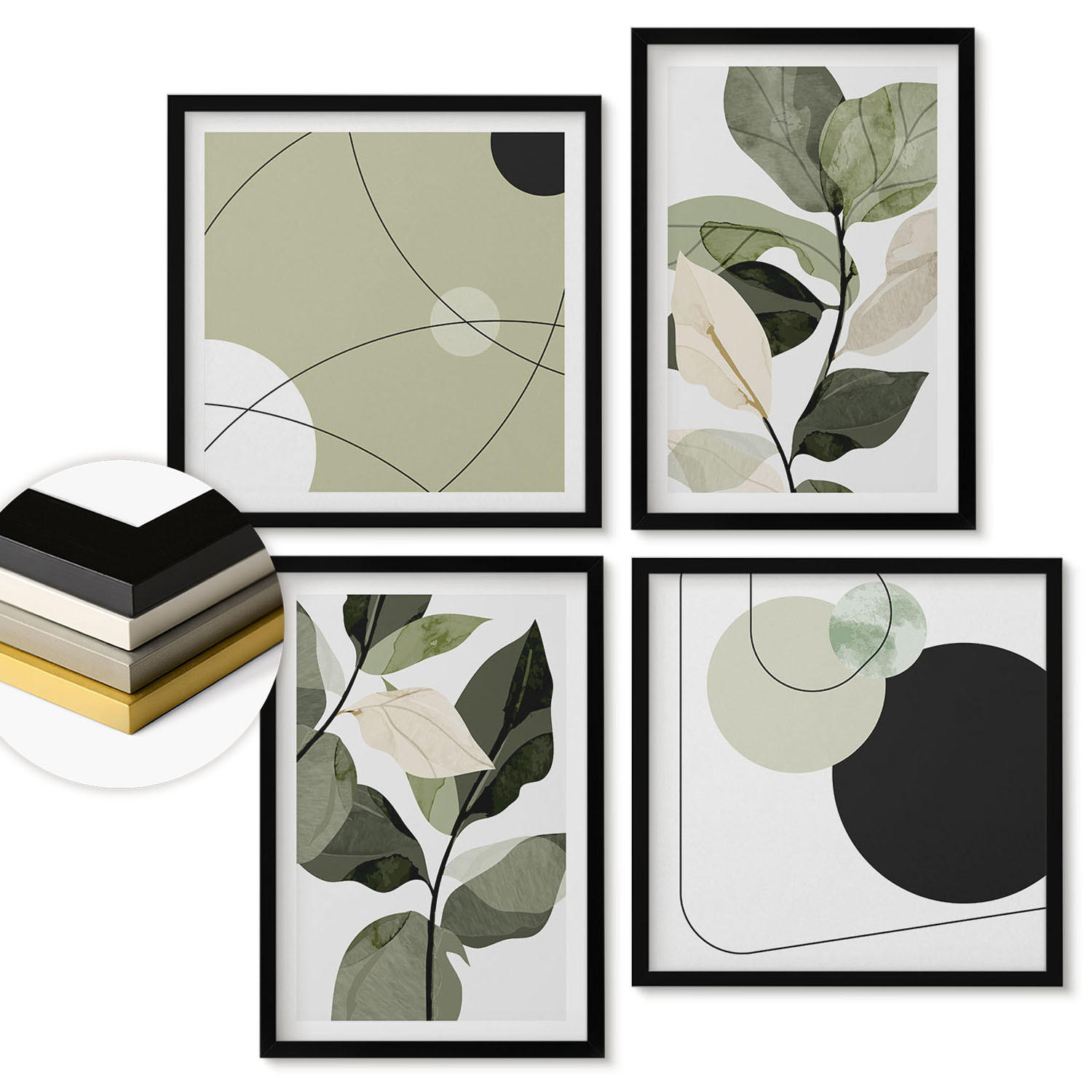 WANDBILDER 4er-Set - 50x50 cm & 40x60 cm Schwarzer Rahmen - Abstrakte Darstellung gemalter Blätter - Schwarz, Kunststoff (50/50cm) - ArtPrintCave