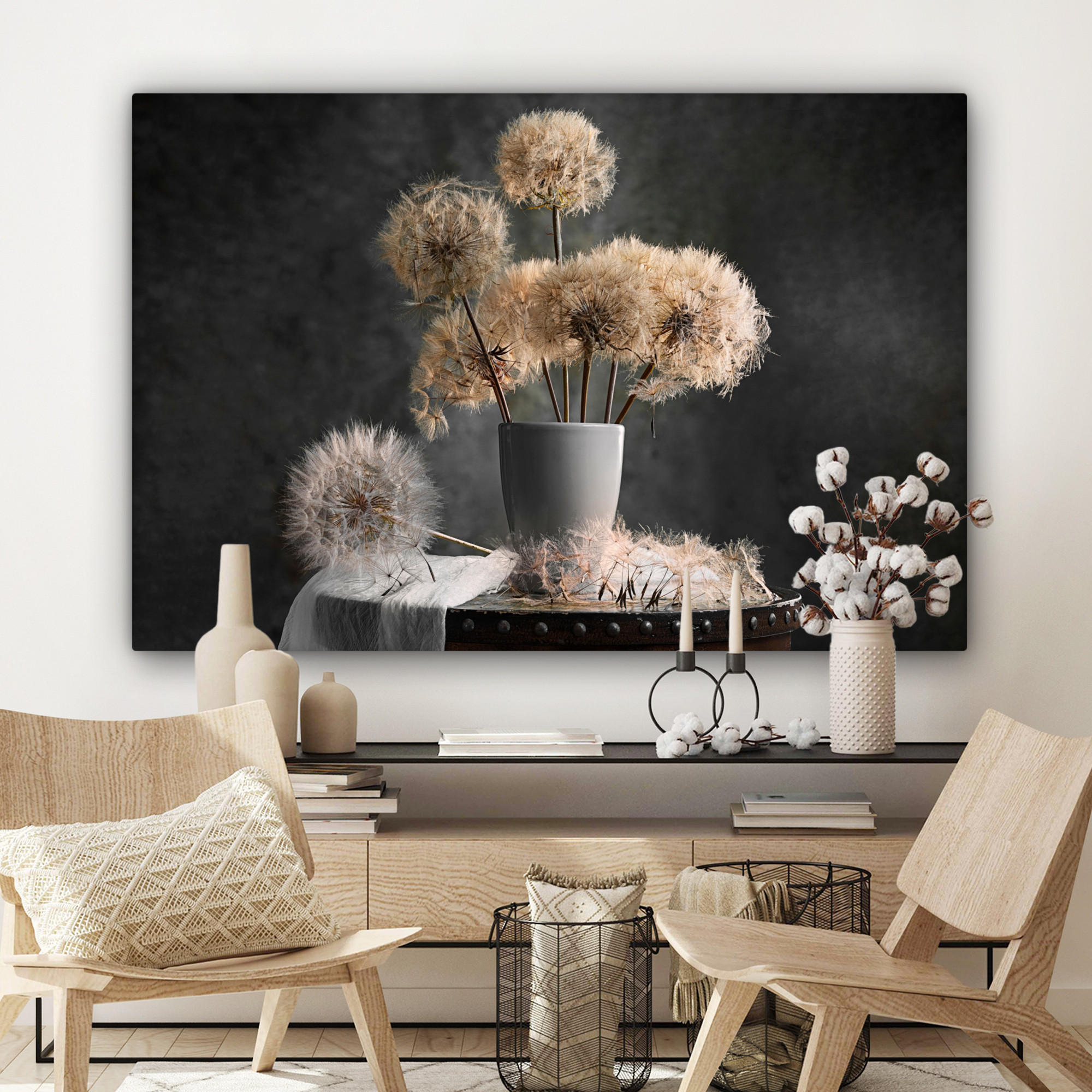 LEINWANDBILD Blumensamen - Löwenzahn - Vase - Stilleben - Blumenstrauß Wohnzimmer 120x80 cm - Dunkelgrau, Textil (120/80cm) - MuchoWow