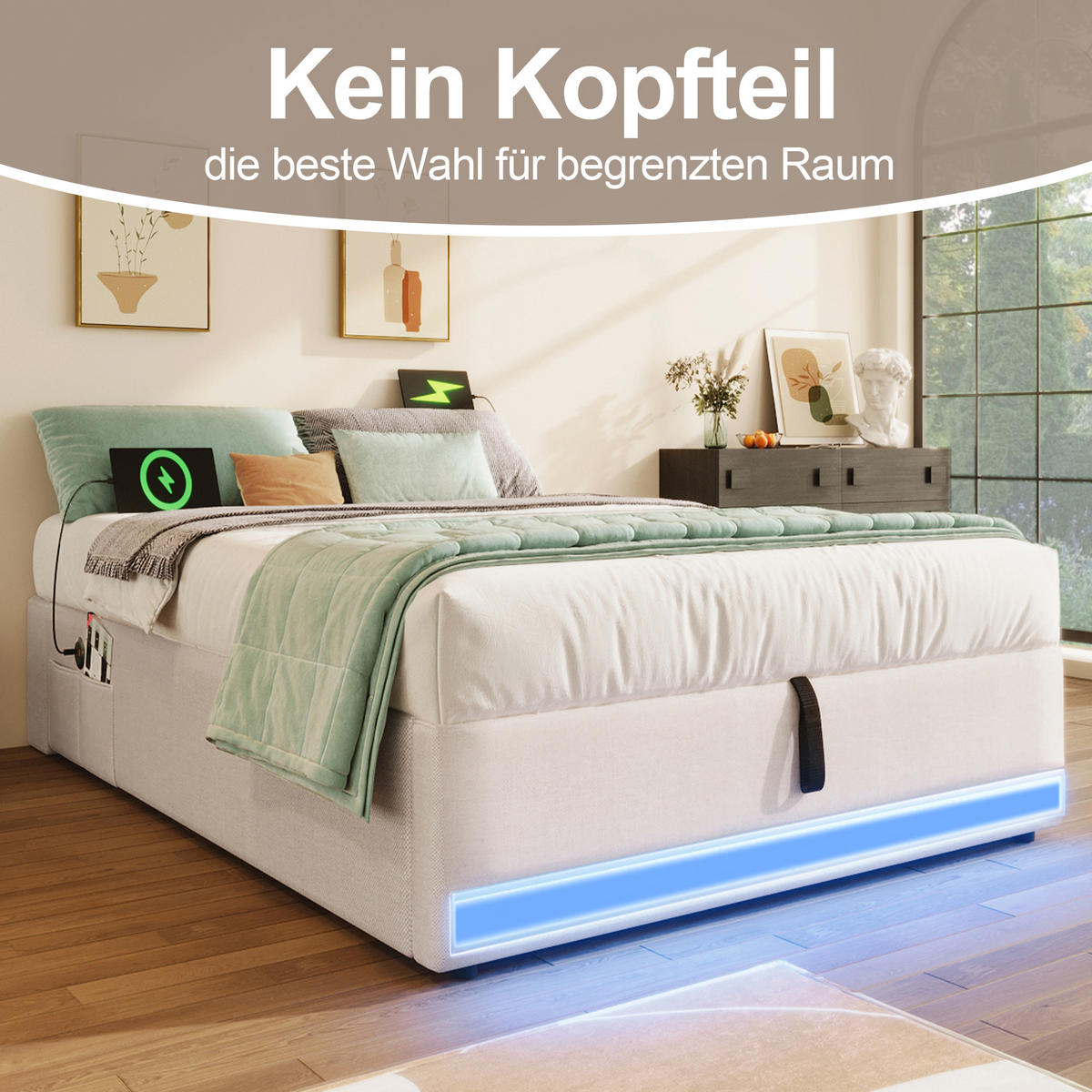 POLSTERBETT 90x200cm Beige LED-Leiste USB-C Hydraulik - Beige, Holz (90/200cm) - FLIEKS