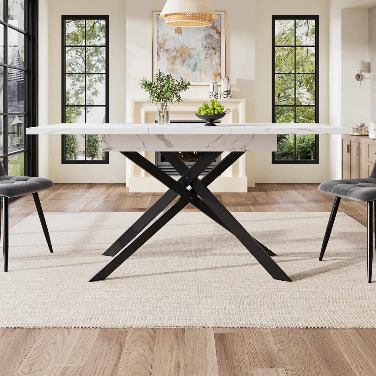 ESSTISCH 120-160/76,5/80 cm Weiß/Schwarz aus MDF und Metall mit Ausziehfunktion - Weiß, Holzwerkstoff (160/80/76.5cm) - OKMYHOME