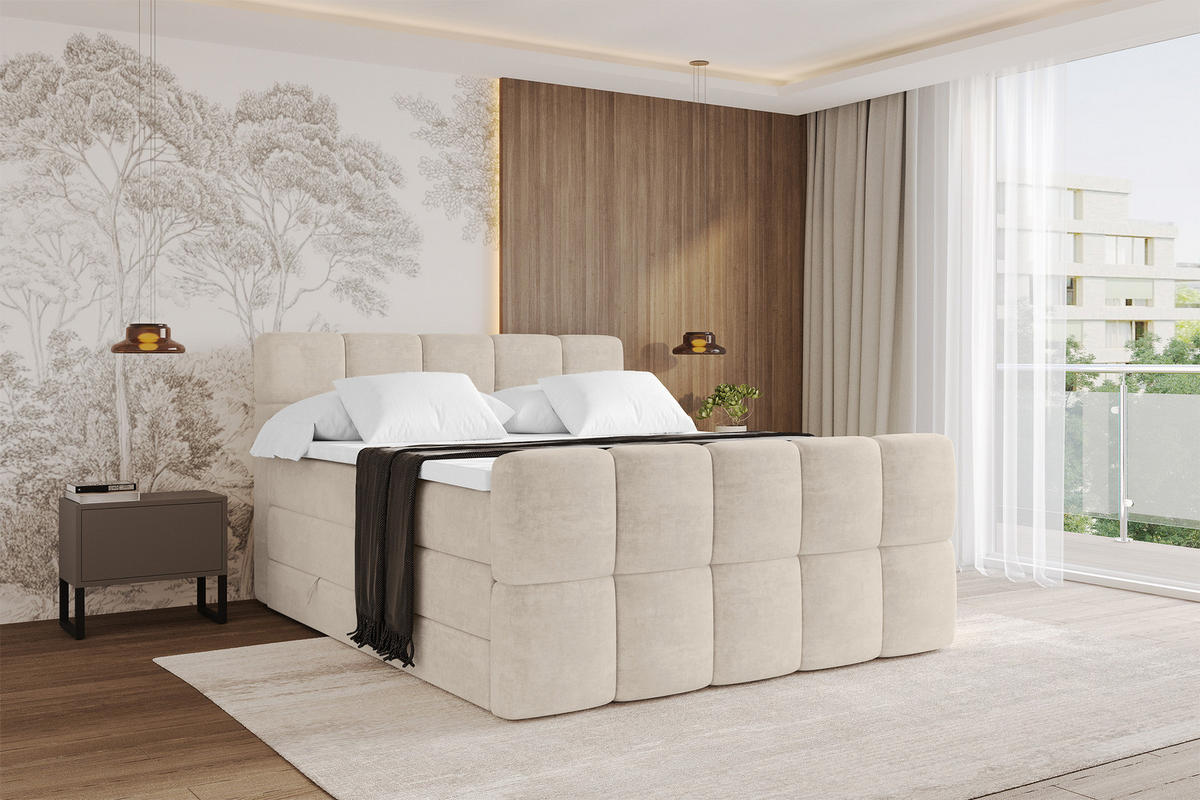 BOXBETT mit Matratze H3/H4 - FAMA-Z KING - 140x200 cm Beige Monolith - Sahara, Holzwerkstoff (140/200cm) - ALTDECOR