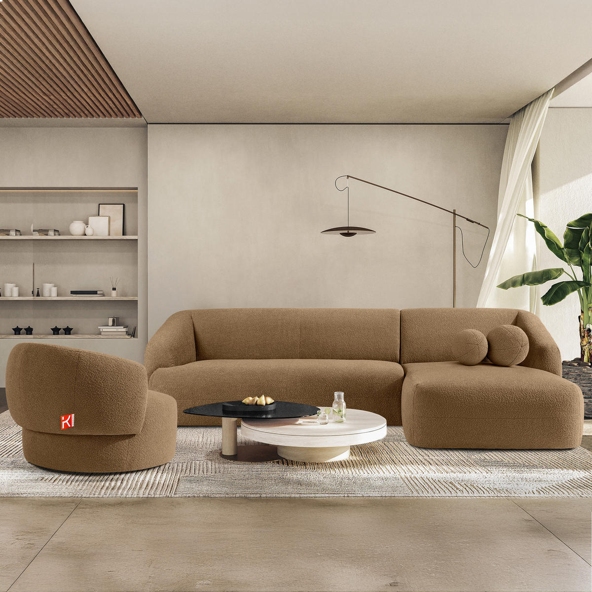 ECKSOFA RECHTS VIRA, Dunkelbeige, Bouclé - Schwarz/Braun, Holz/Holzwerkstoff (300/160cm) - KONSIMO®