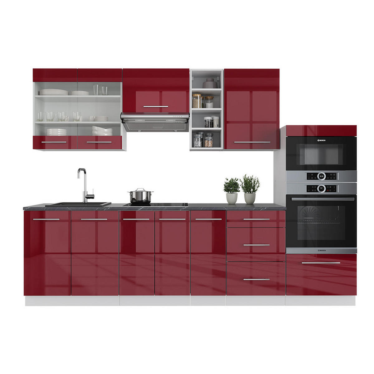 KÜCHENZEILE Fame-Line Bordeaux Hochglanz/Weiß 280 cm ohne AP - Bordeaux/Weiß, Holzwerkstoff (280/81.6/46cm) - Vicco