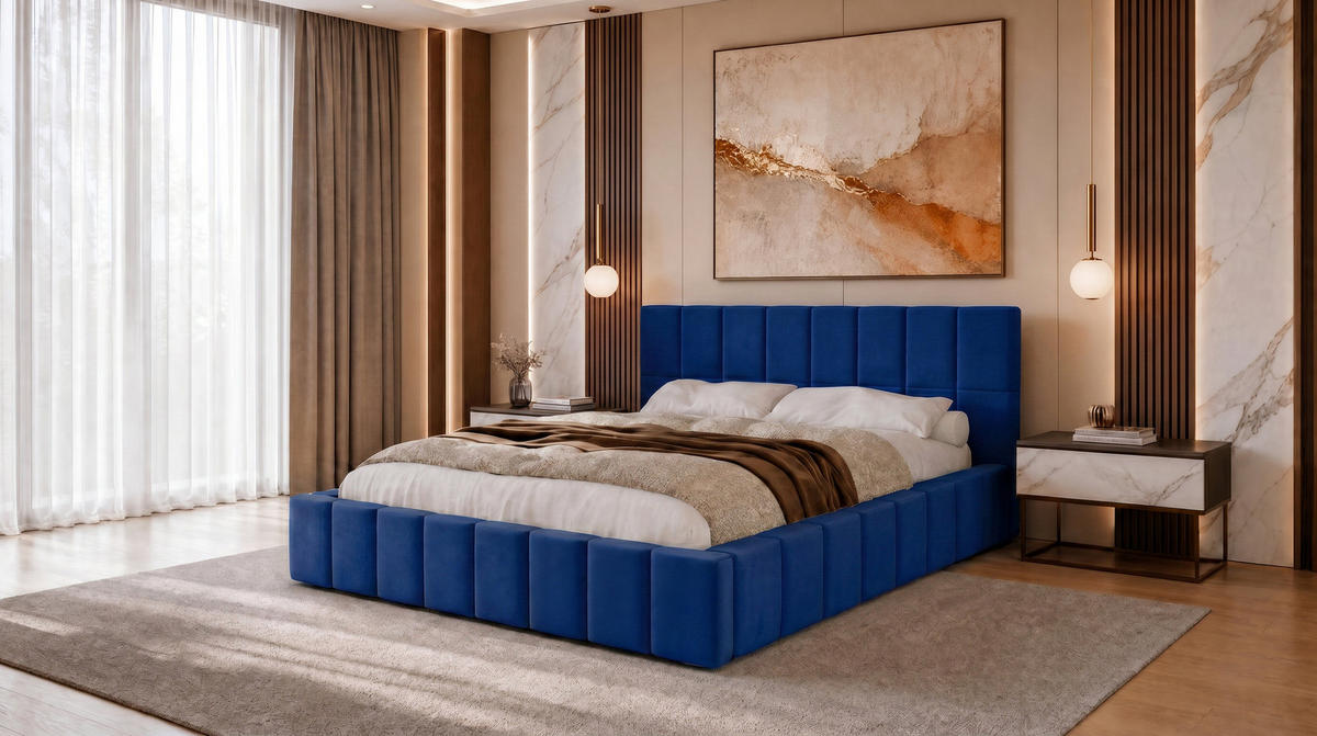 POLSTERBETT 180x200 cm, Alma, Doppelbett mit Bettkasten, Lattenrost aus Holz, Velourstoff, Dunkelblau - Dunkelblau, Holz/Kunststoff (180/200cm) - Marpur