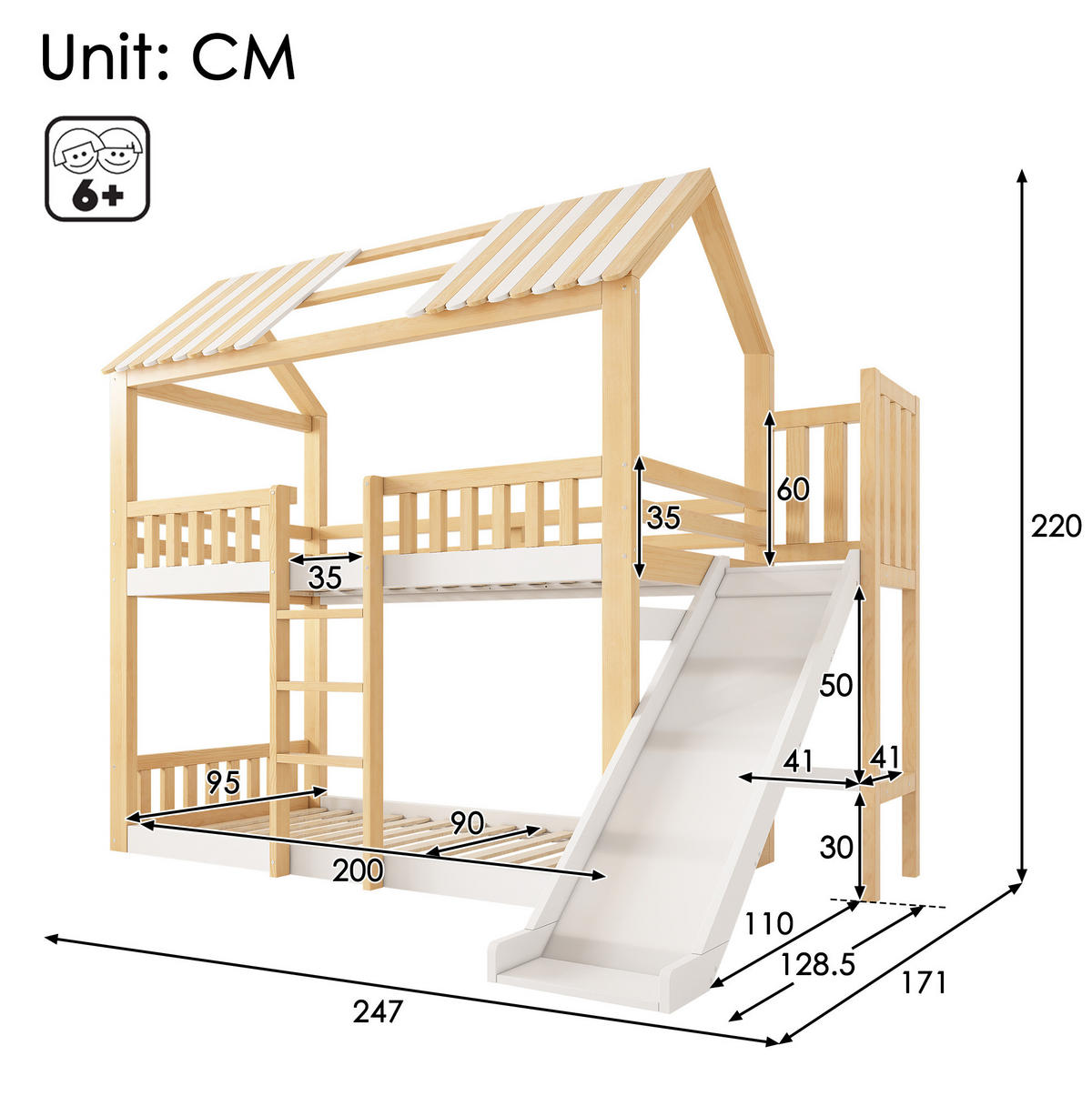 ETAGENBETT mit Giebeldach 90/200 cm Weiß Natur mit Regal, ohne Matratze - Weiß, Holz (90/200cm) - MIVRAY