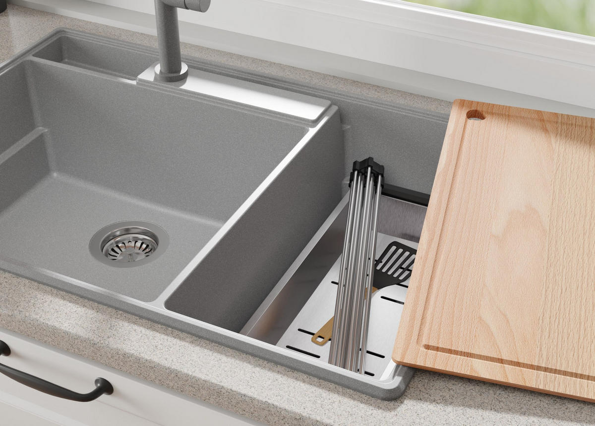 GRANITSPÜLE Paris, 2-er set Grau 78/53 cm 2 Becken + Küchenarmatur 32/20 cm + Ablauf-Set + Küchenzubehörset ab 80er Unterschrank - Chromfarben/Edelstahlfarben, Kunststoff (78/20/53cm) - Primagran