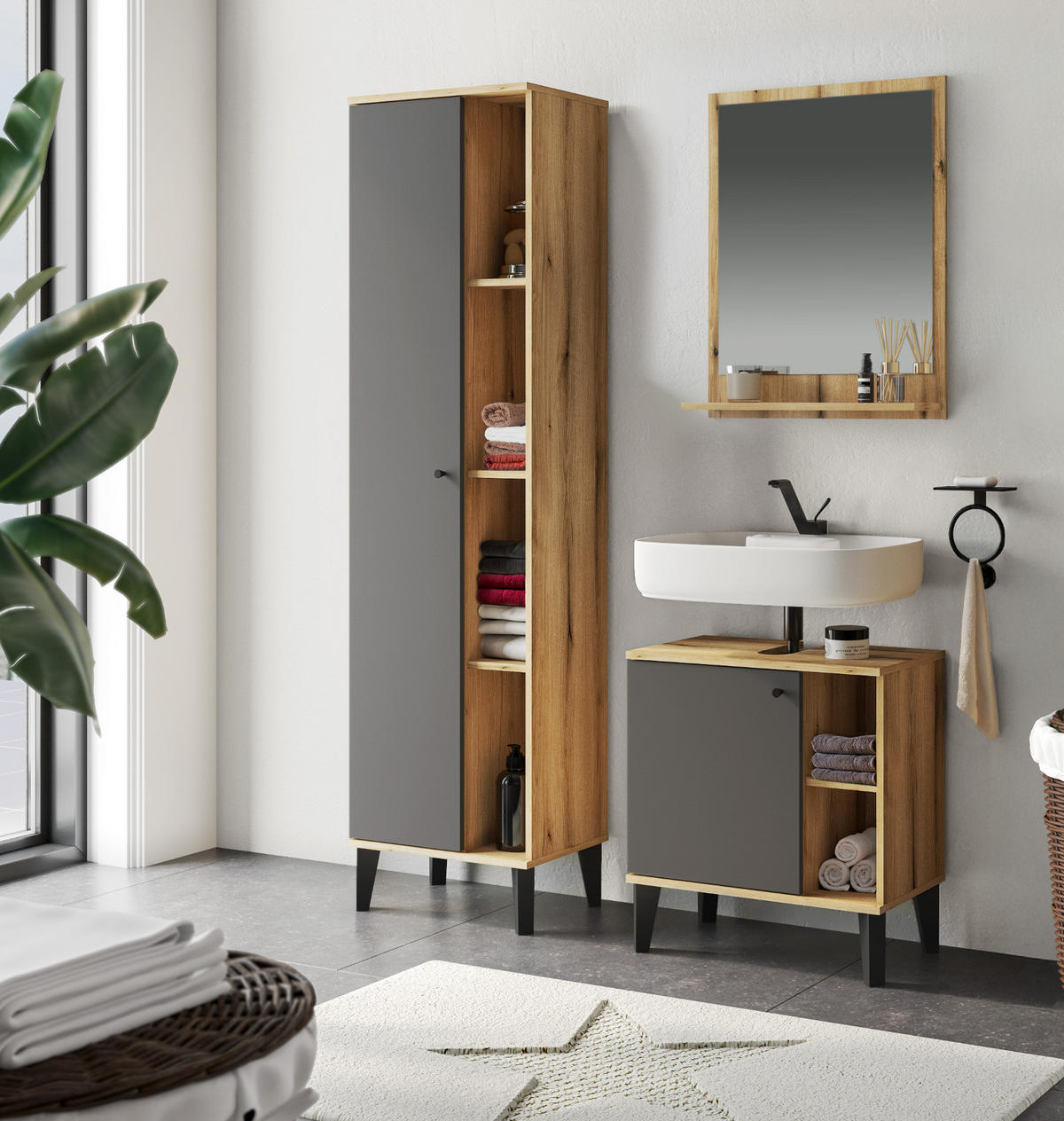 BAD-HOCHSCHRANK grau, Evoke Eiche, Badschrank, 51 x 190 cm - Eichefarben/Schwarz, Holz/Holzwerkstoff (51/190/33cm) - Furn.Design