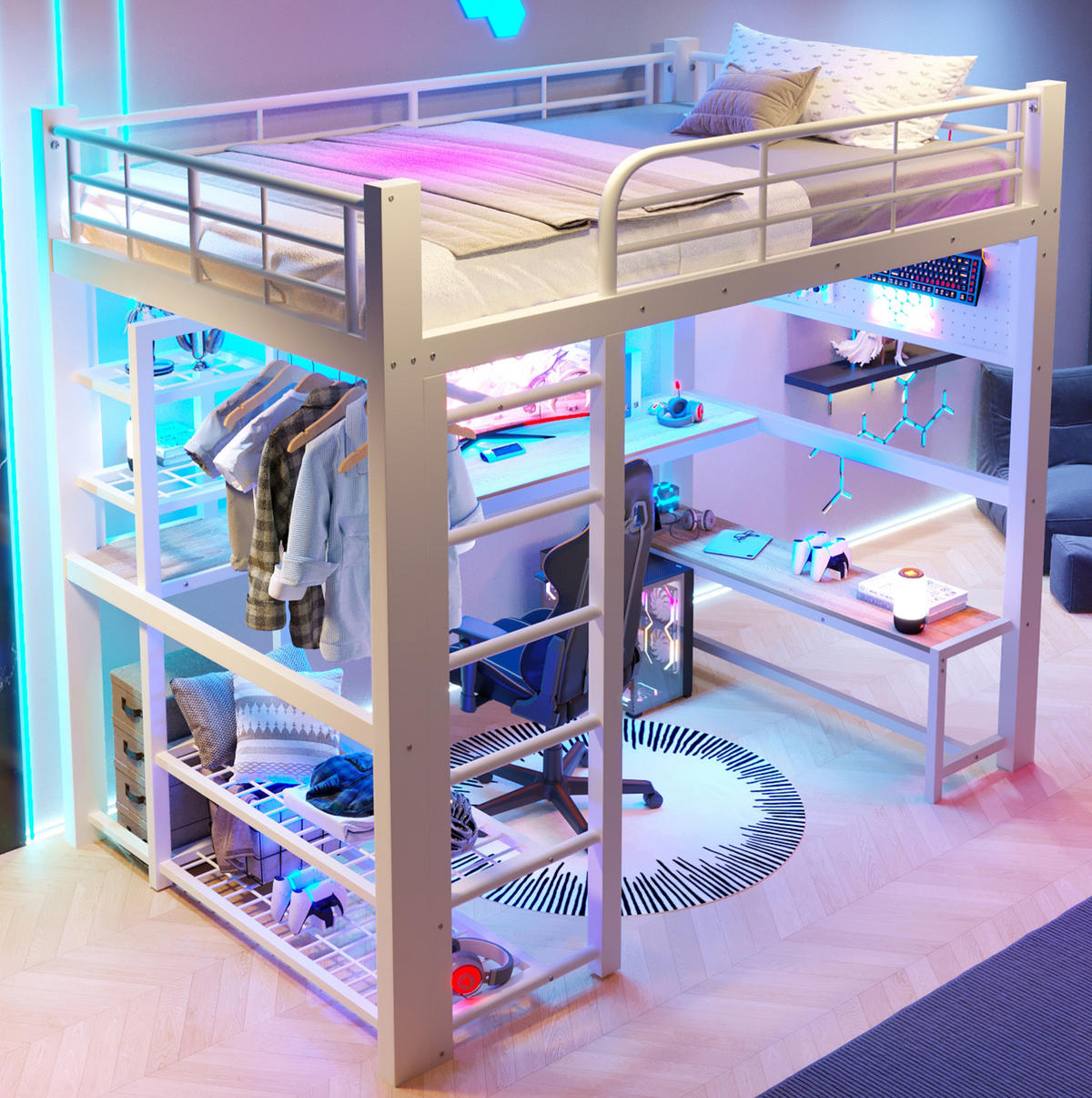 HOCHBETT 140/200 cm mit LED-Beleuchtung, Schreibtisch, Stauraumtreppe und Lochplatte, Weiß - Weiß, Metall (140/200cm) - Redom