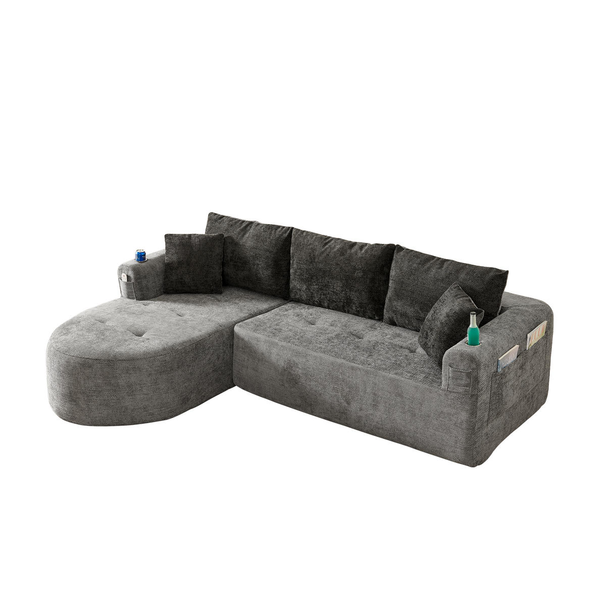 ECKSOFA L-Form montagefrei mit Edelstahl-Becherhalter, Seitentaschen und Leinenoptik, Grau - Grau, Textil (255/170cm) - Redom