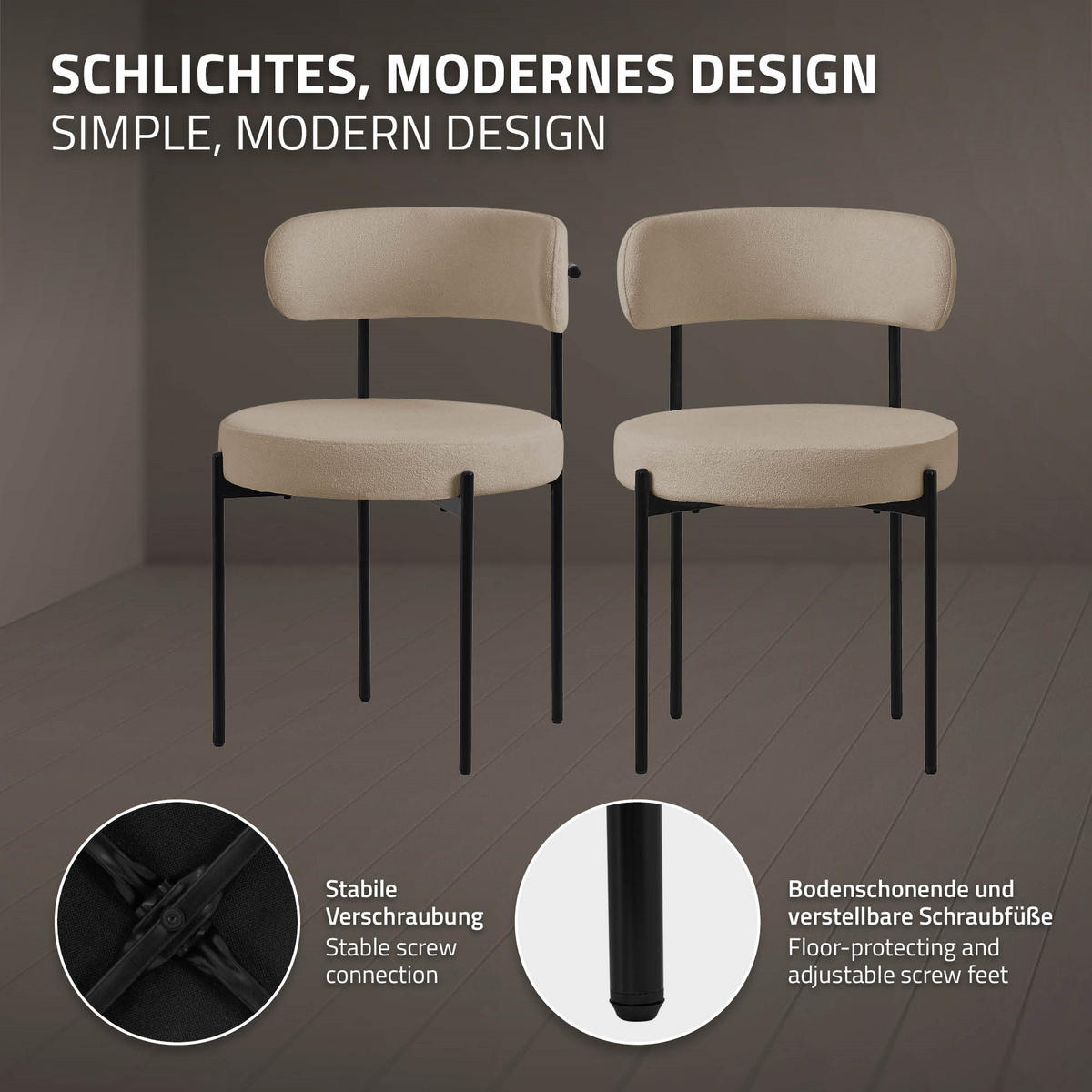 SADA 2 JÍDELNÍCH ŽIDLÍ Hnědá plyšová látka - černá/hnědá, kov (53/78/50cm) - ML-DESIGN