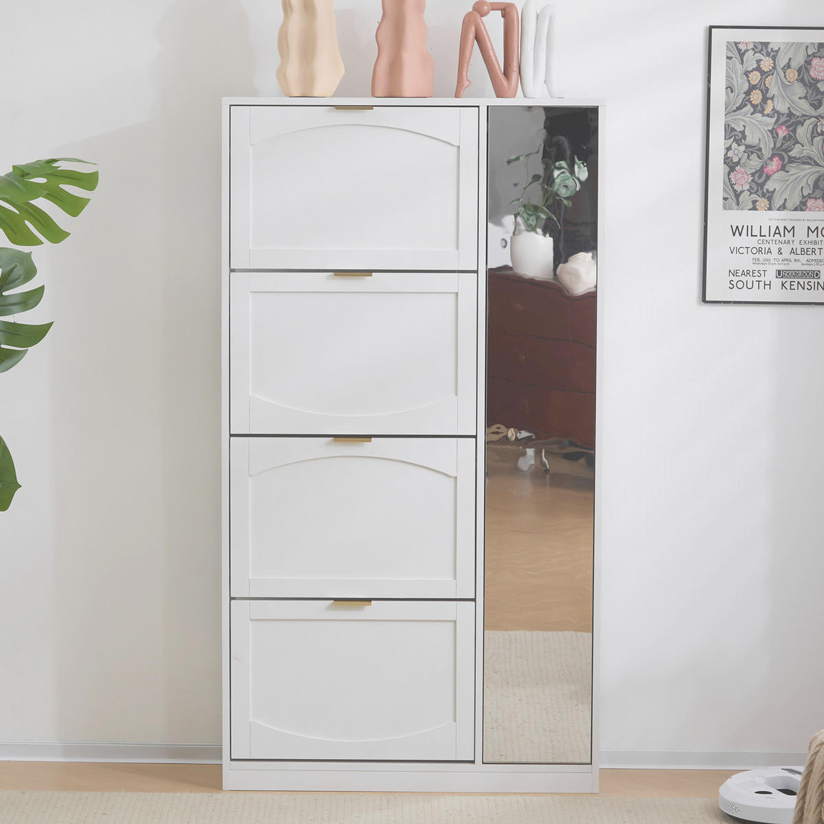 SCHUHSCHRANK Modern mit Spiegel 4 Fächer Weiß 80x24x147cm - Weiß, Holzwerkstoff (24/147/80cm) - FLIEKS