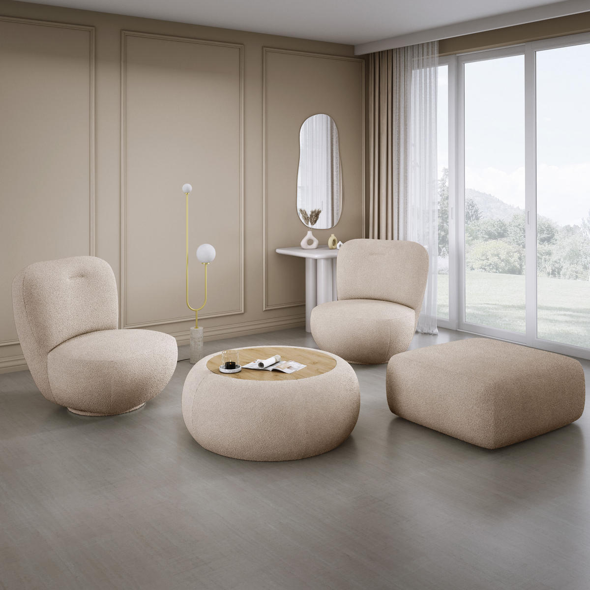 DREHSESSEL LUIS, Freistehend, Sitz drehbar 360°, 39x82x56 cm, PULVERWEISS - Sandfarben, Holz/Textil (82/72/66cm) - DomoHome