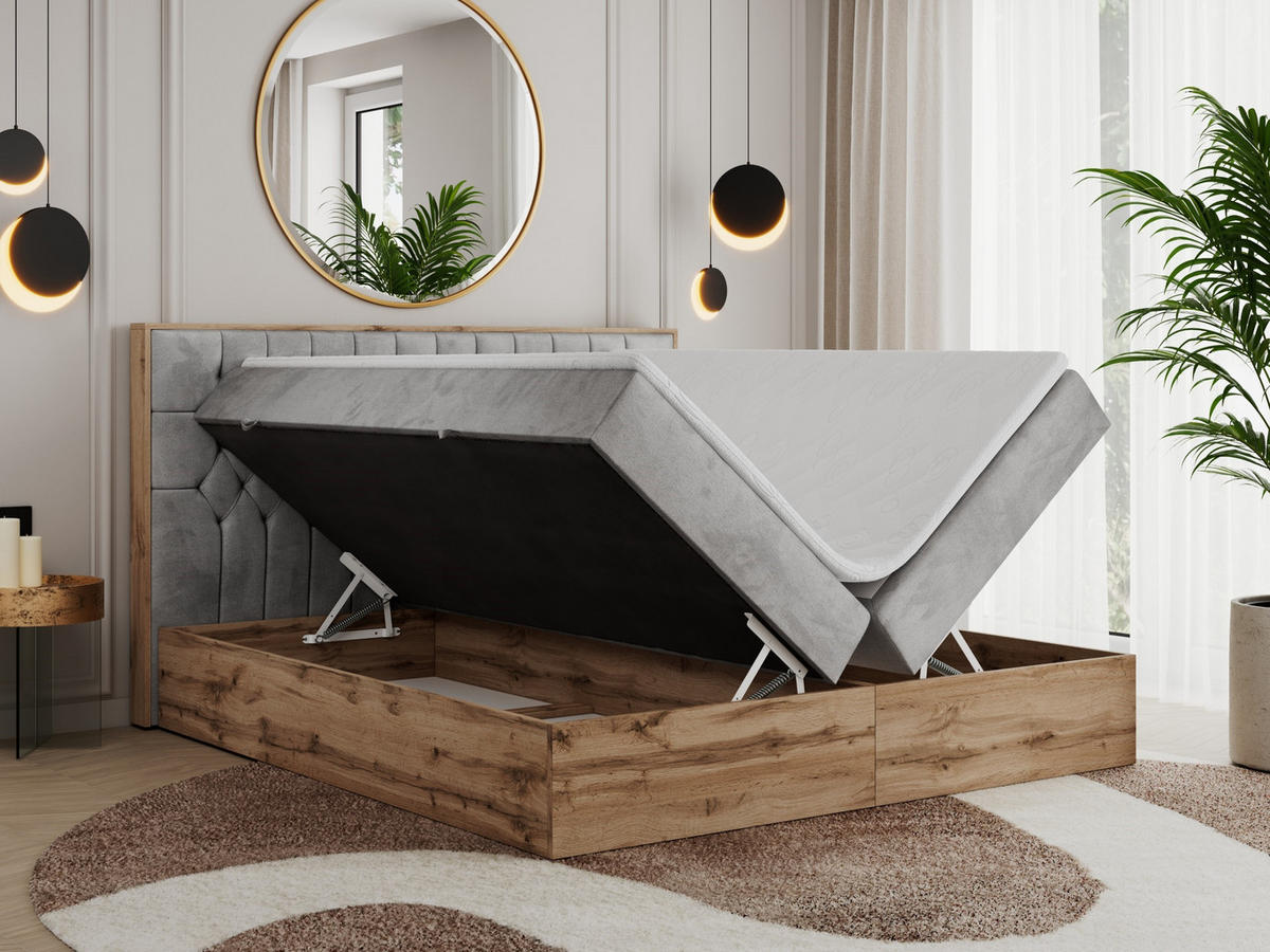 BOXBETT AMORE 140/200 Hellgrau Velvet - H3 - Hellgrau, Holz/Textil (140/200cm) - MKS