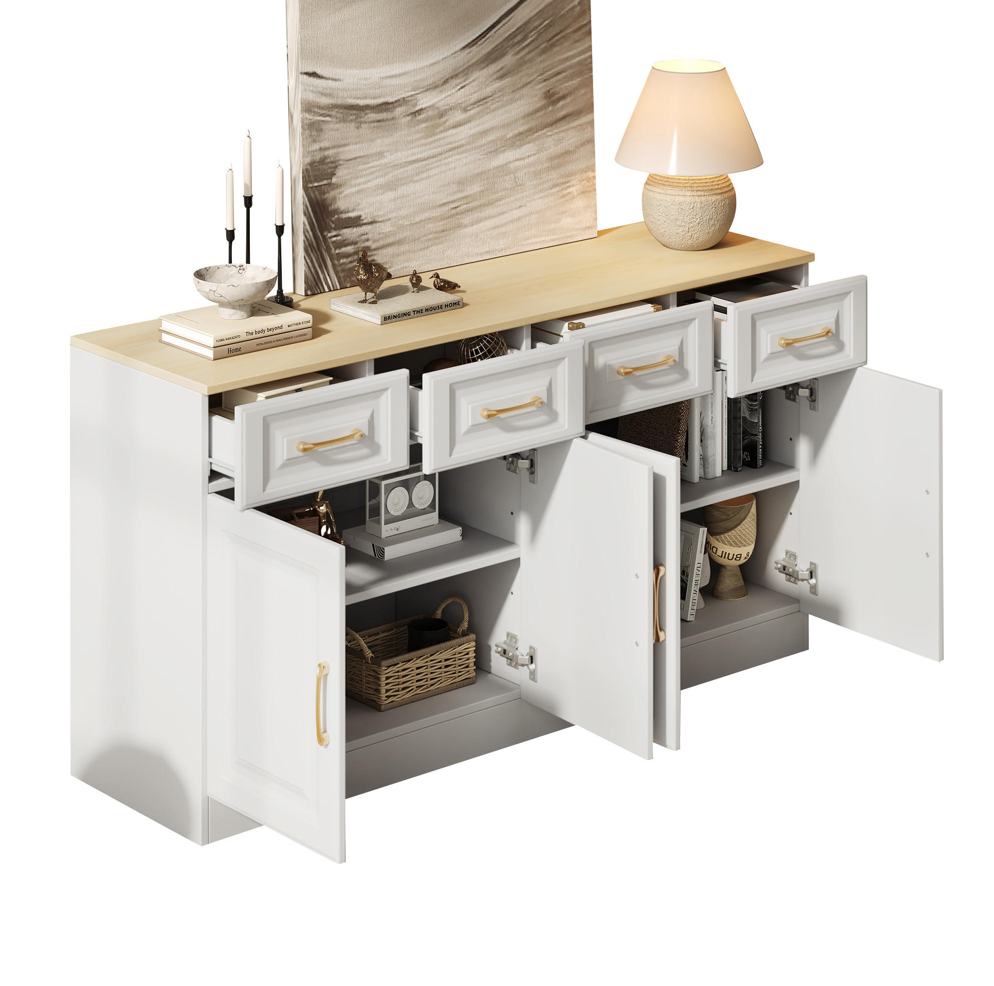 SIDEBOARD 140/40/75 cm aus Spanplatte mit 4 Schubladen und 4 Türen Weiß/Eichefarben - Weiß, Holzwerkstoff (140/75/40cm) - Modenvie