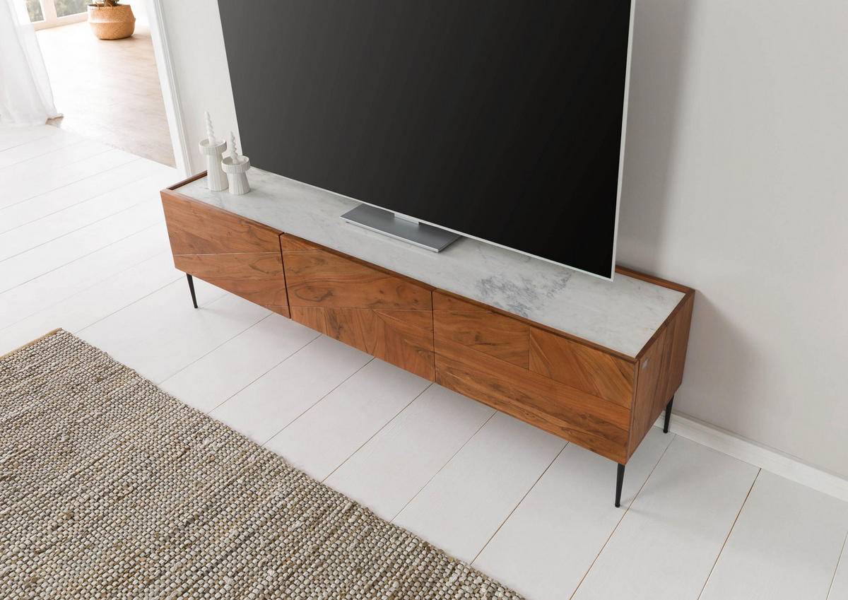 TV-BOARD Akazie 180x40x50 natur lackiert / Marmor weiß KARLSTAD #05 - Naturfarben, Holz (40/50/180cm) - Massivmoebel24