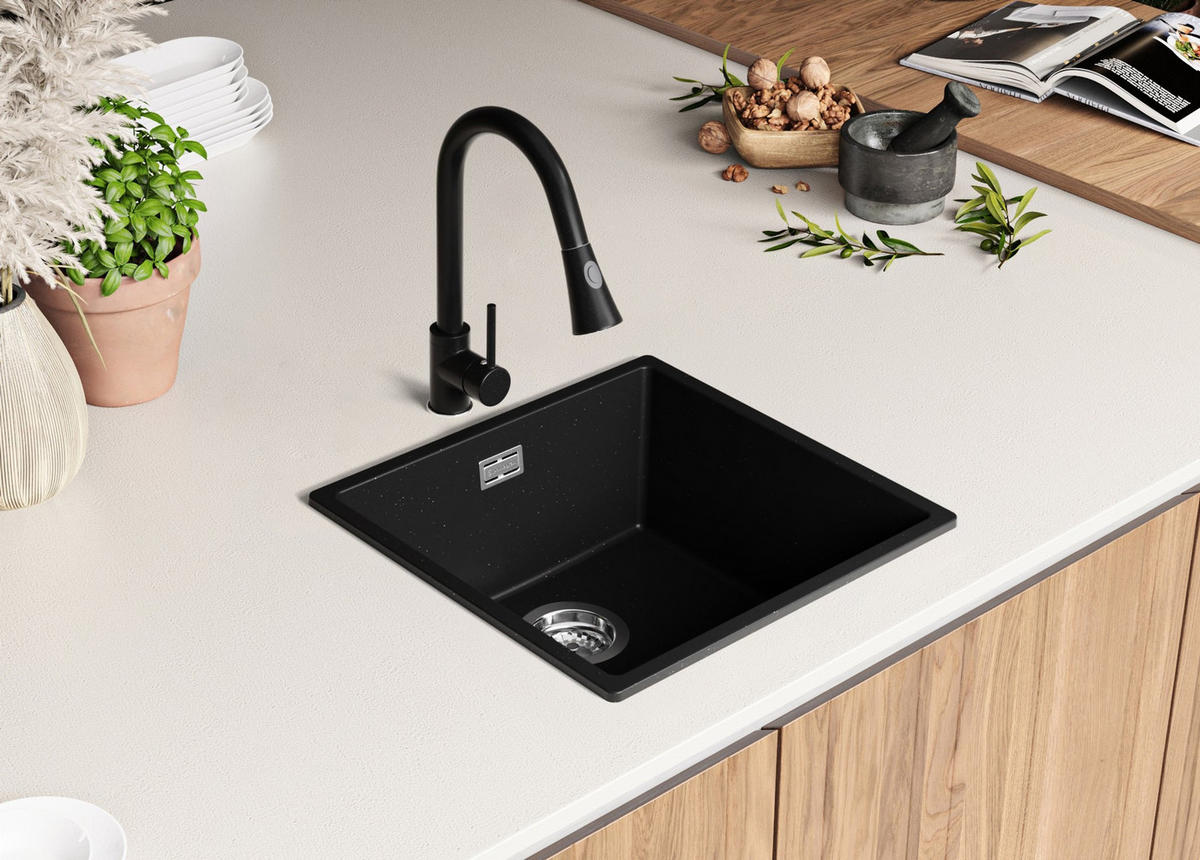SPÜLBECKEN London Slim, 2-er set Schwarz Metallic 46/47 cm 1 Becken + Ablauf-Set ab 50er Unterschrank - Chromfarben/Schwarz Hochglanz, Kunststoff (46/20/47cm) - Primagran