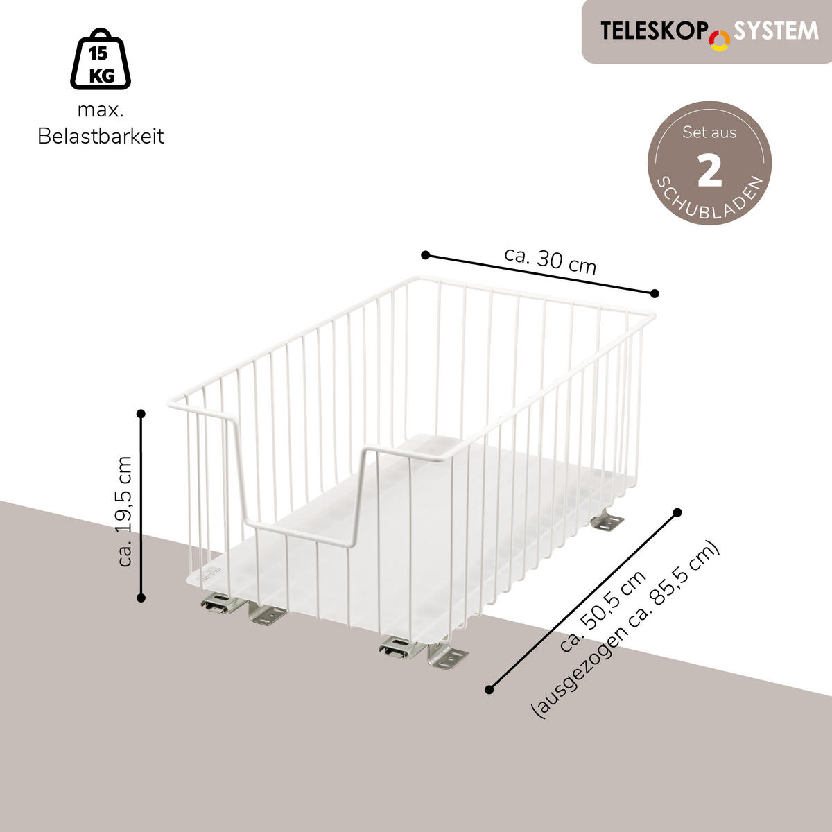 SCHRANK-KORBAUSZUG 30 cm, weiß, Metall - Weiß, Metall (30/23/50.5cm) - bremermann