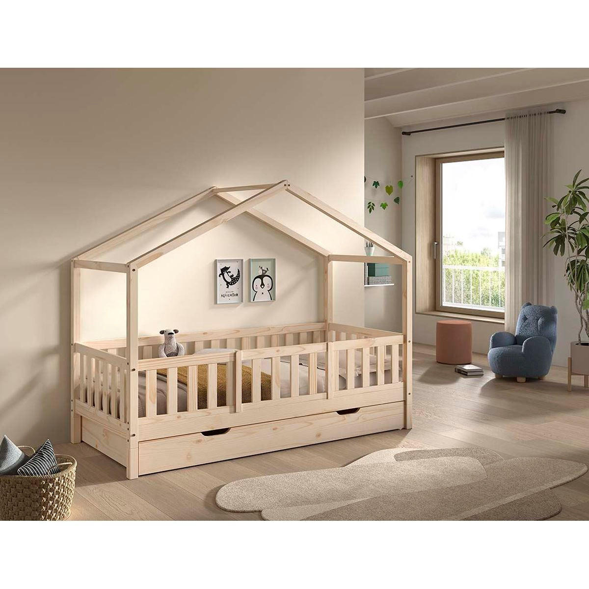 HAUSBETT Kapua 90x200 Bettschublade Rausfallschutz Kiefer massiv natur - Kieferfarben, Holz (90/200cm) - 58aufmkessel