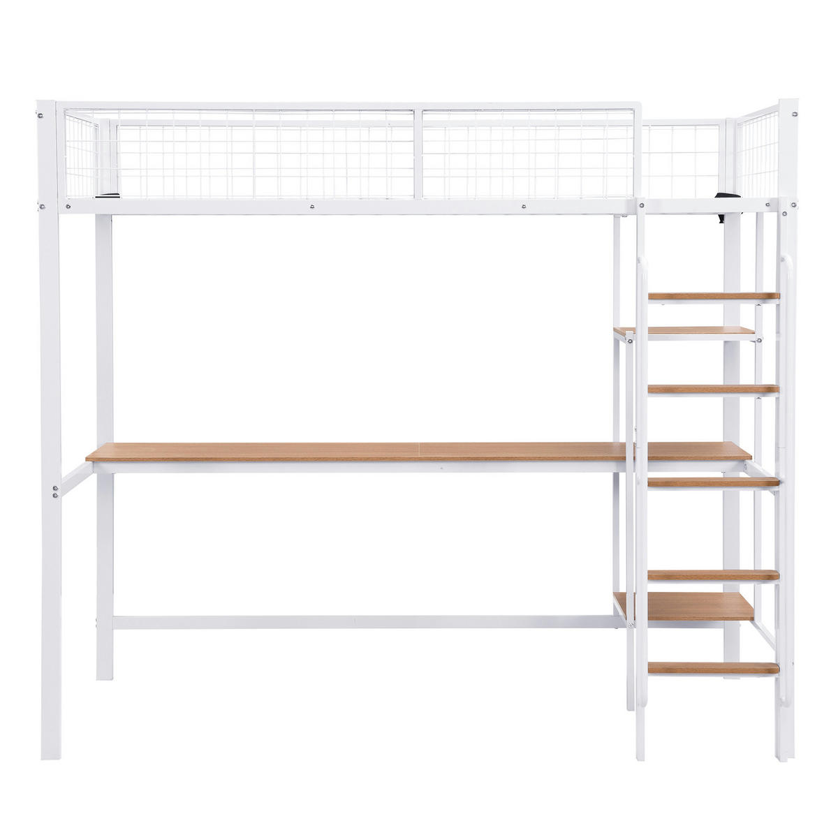 PALANDA 90x200 cm s psacím stolem, policemi a bezpečnostním zábradlím, pevný kovový rám, Bílá/Přírodní - bílá, kov (90/200cm) - Redom