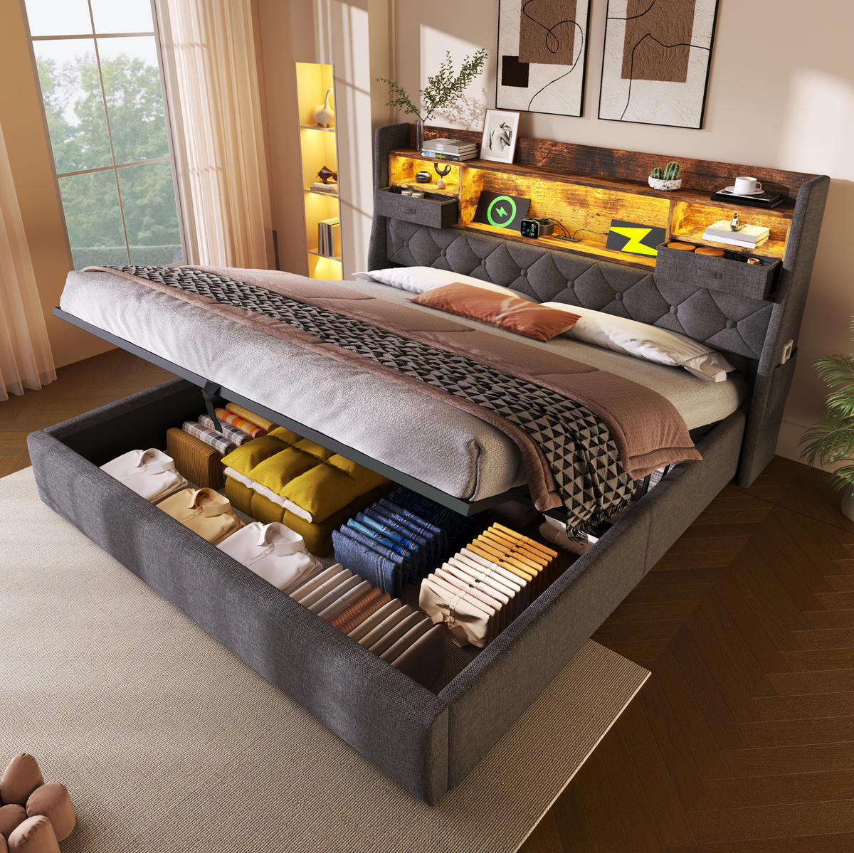 BETT mit Stauraum und LED 140x190 cm Leinen Grau - Grau, Metall (140/190cm) - Meubliv