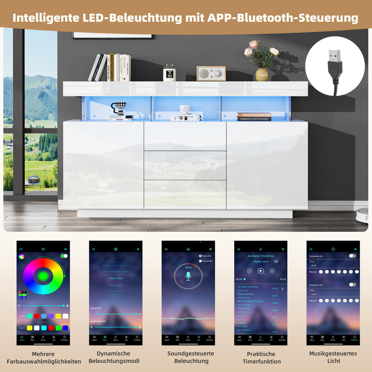 SIDEBOARD mit LED-Beleuchtung Moderner Aufbewahrungsschrank - Weiß, Holzwerkstoff (140/80/35cm) - Urban Meuble