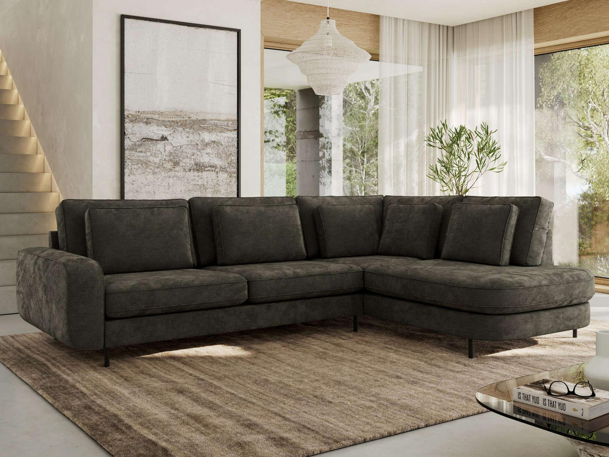 ROHOVÁ SEDAČKA CALENO L - Tmavě šedá Hrubě tkaná žinylka - Levá Strana - černá/tmavě šedá, kov/textil (317/225cm) - MKS